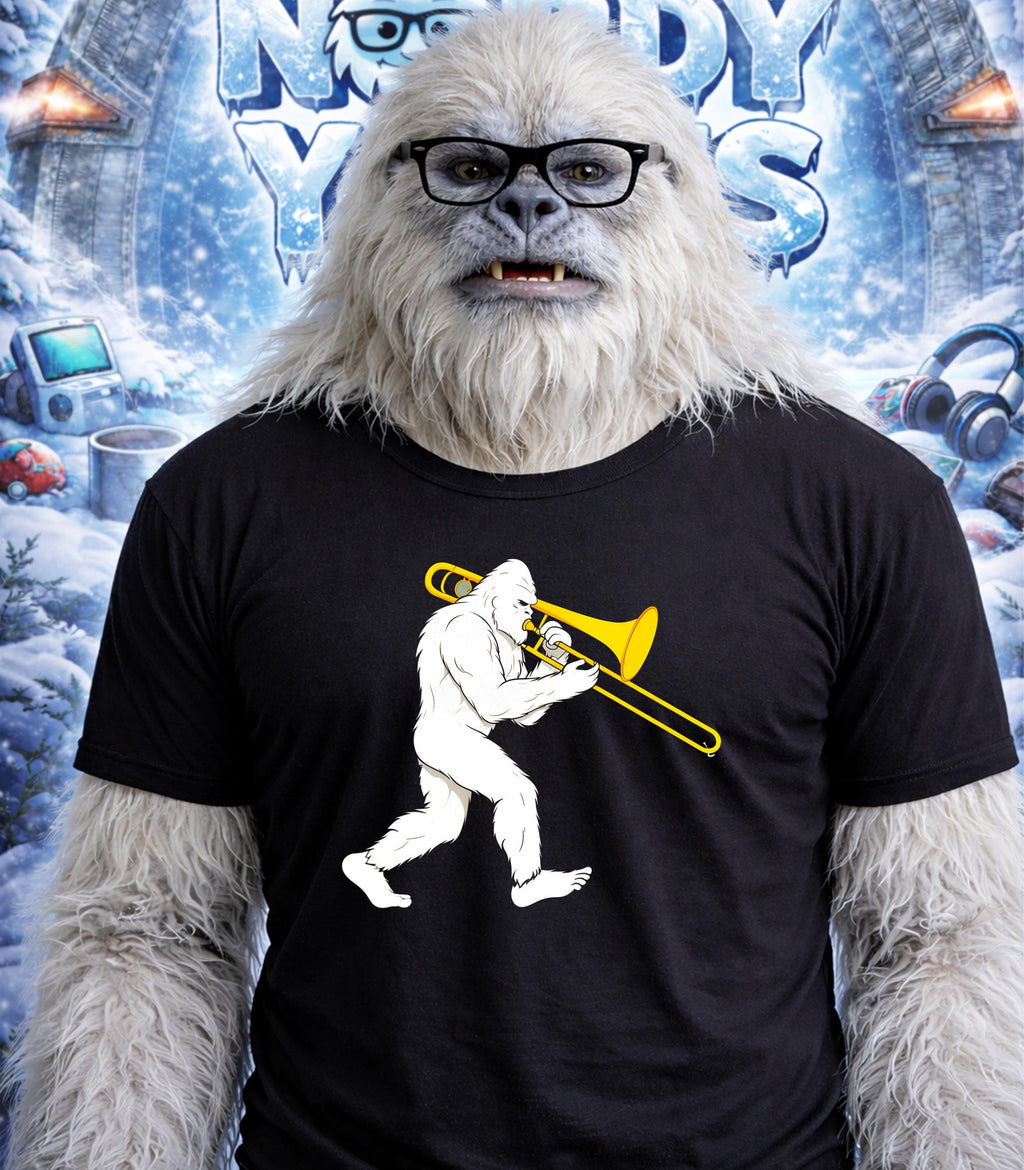 Yeti wearing glasses and a t-shirt with a trombonist graphic.