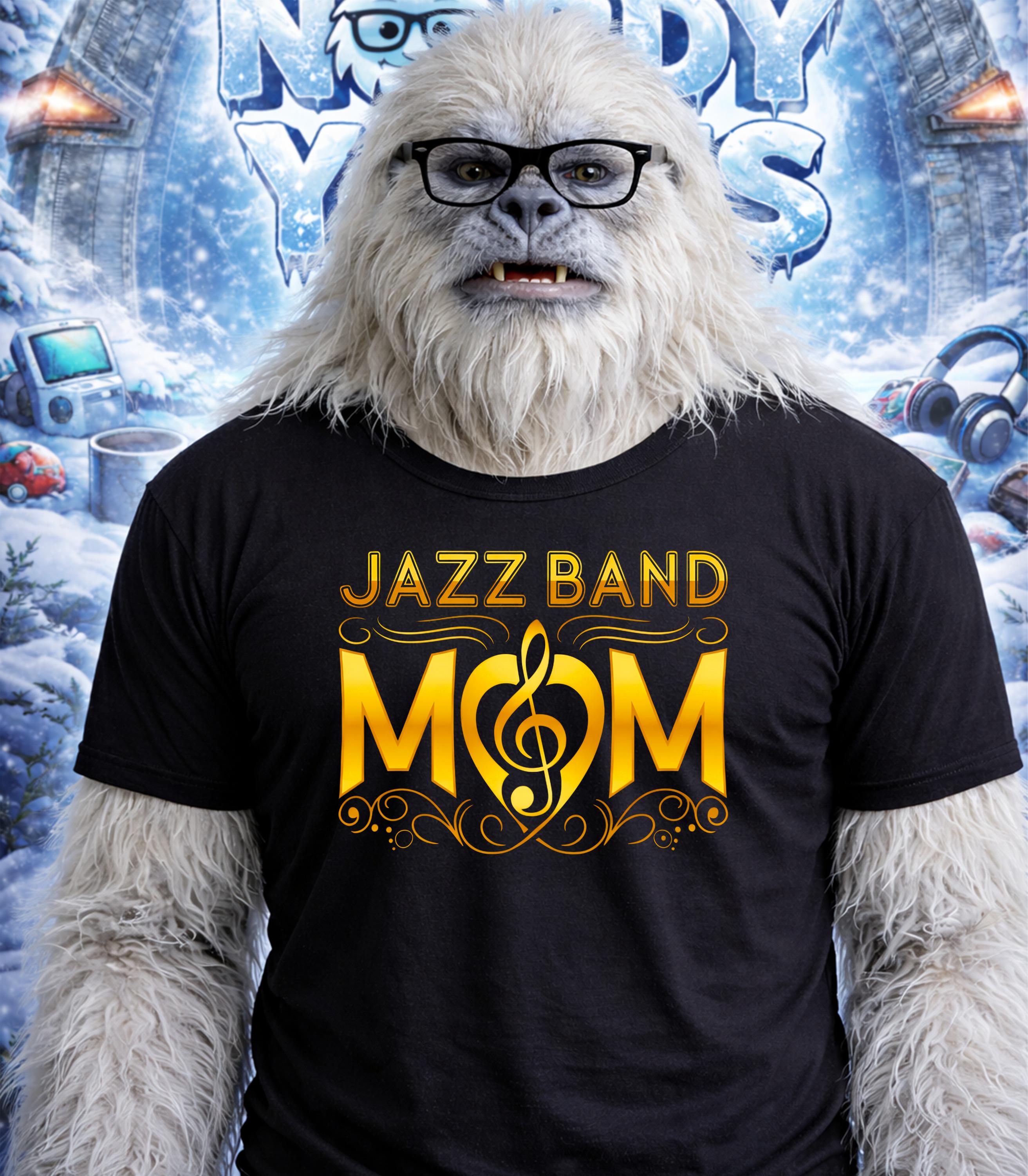 Yeti wearing glasses and a black t-shirt that says "Jazz Band Mom".