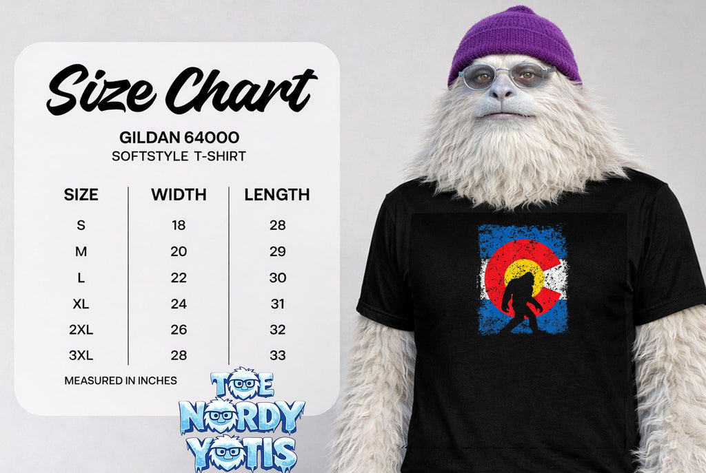 Gildan 64000 softstyle t-shirt size chart with Bigfoot wearing a Colorado flag shirt.
