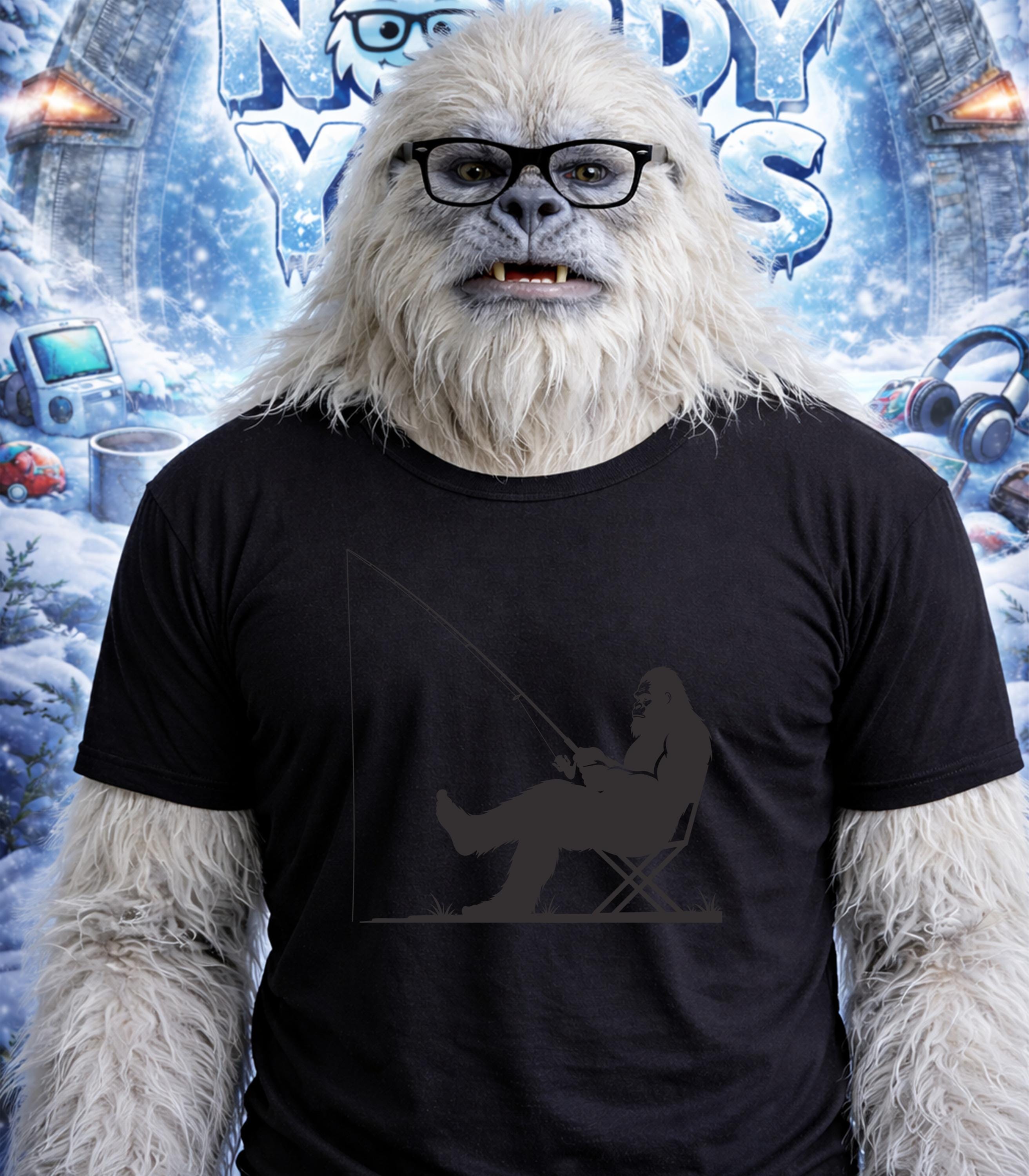 Yeti wearing glasses and a t-shirt with a silhouette of a fisherman.