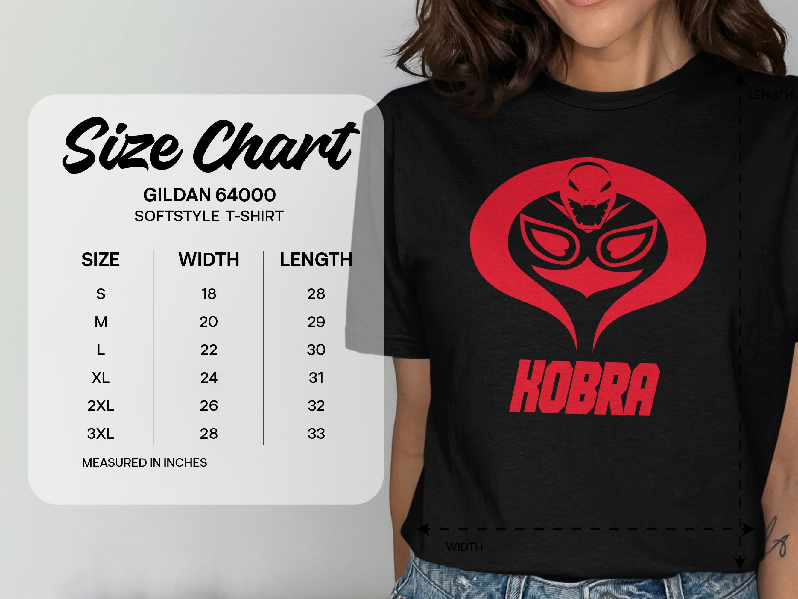 Gildan 64000 softstyle t-shirt size chart with Kobraconference logo.