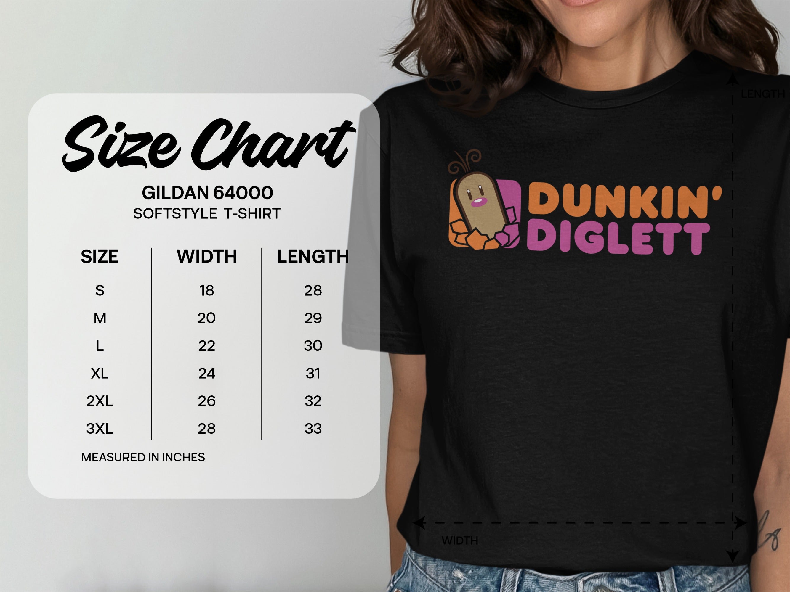 Dunkin' Diglett t-shirt size chart with GILDAN 64000 softstyle measurements.