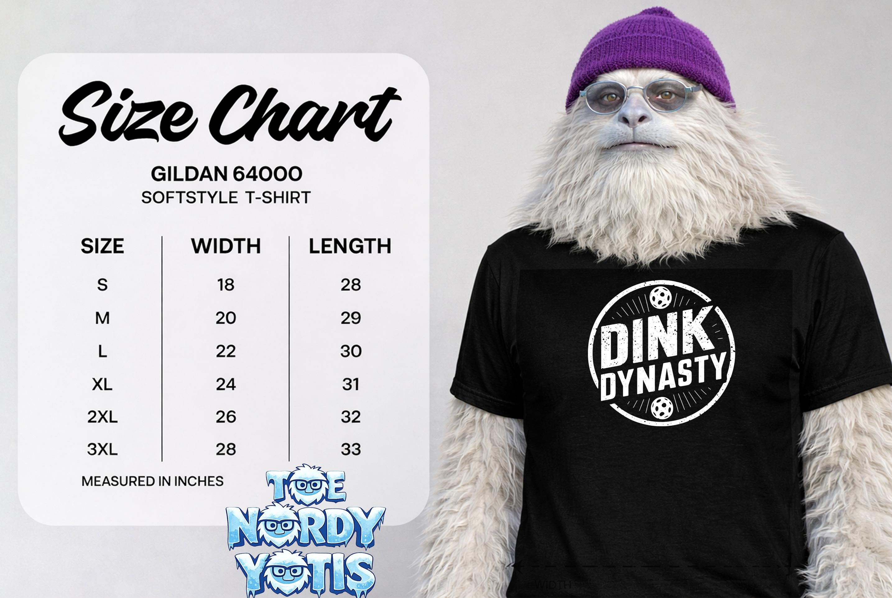 Gildan 64000 Softstyle t-shirt size chart with DINK DYNASTY logo.