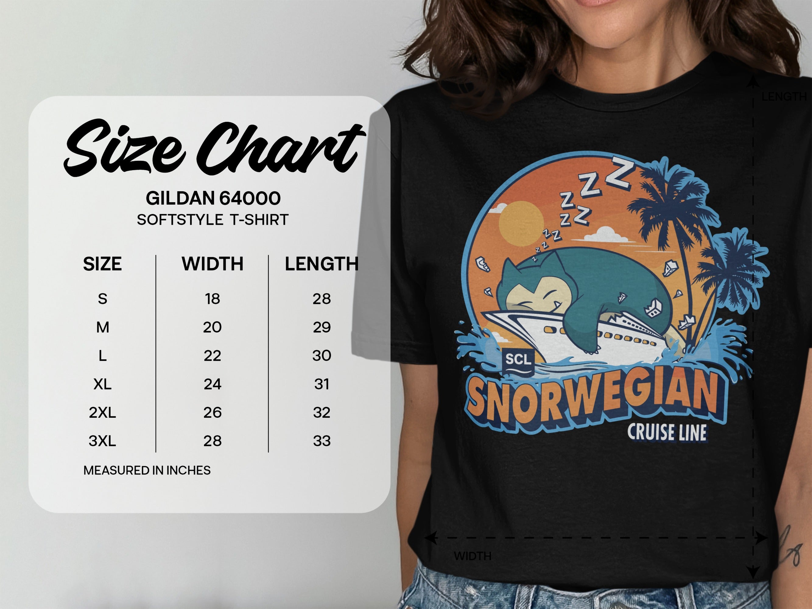 Gildan 64000 Softstyle t-shirt size chart with Snorlax on a cruise ship.