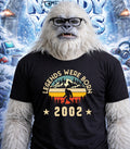 Yeti wearing t-shirt that says "Legends Were Born 2002" with mountain graphic.