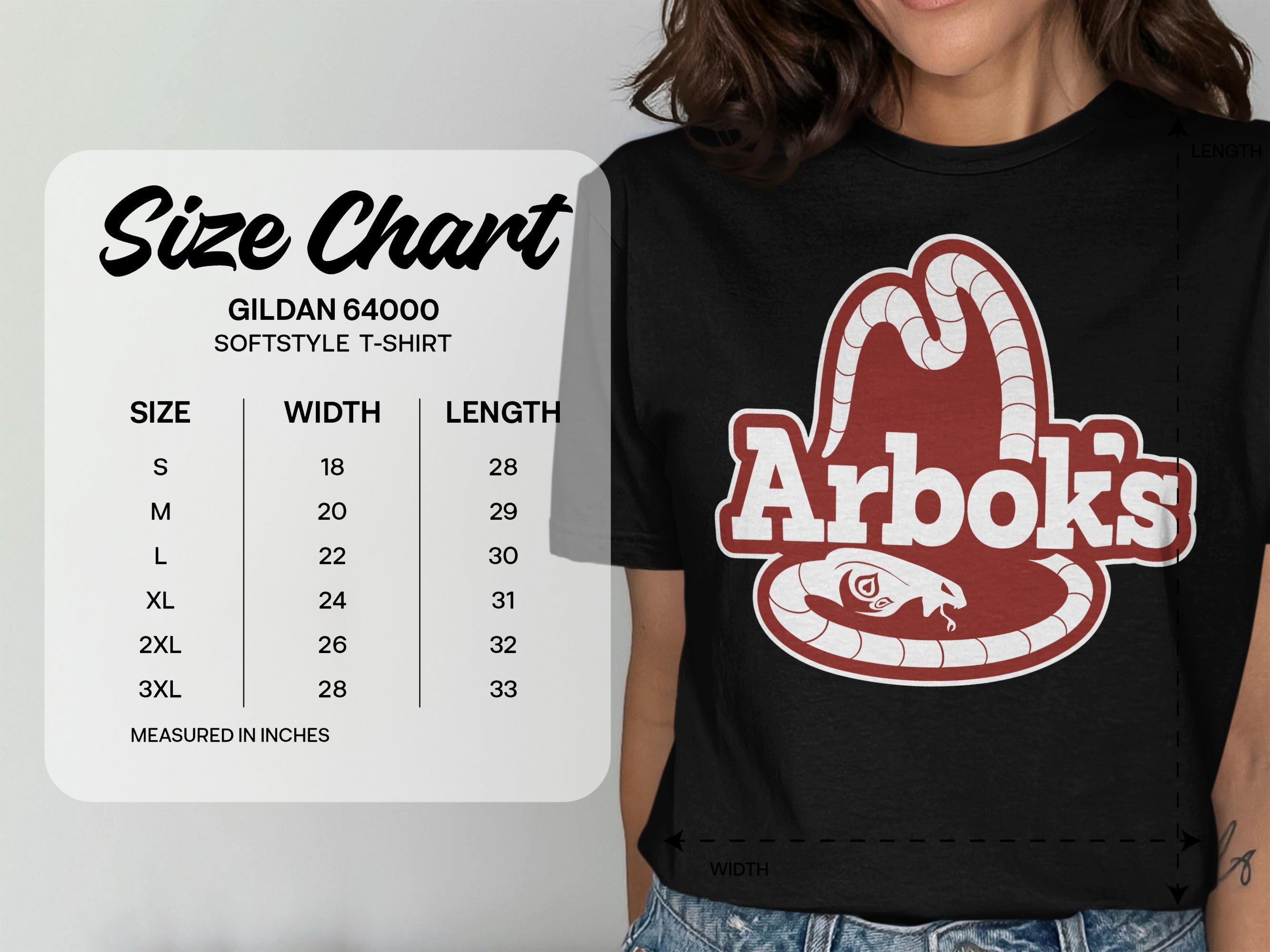 Gildan 64000 size chart for Arbok's t-shirt, with measurements in inches.