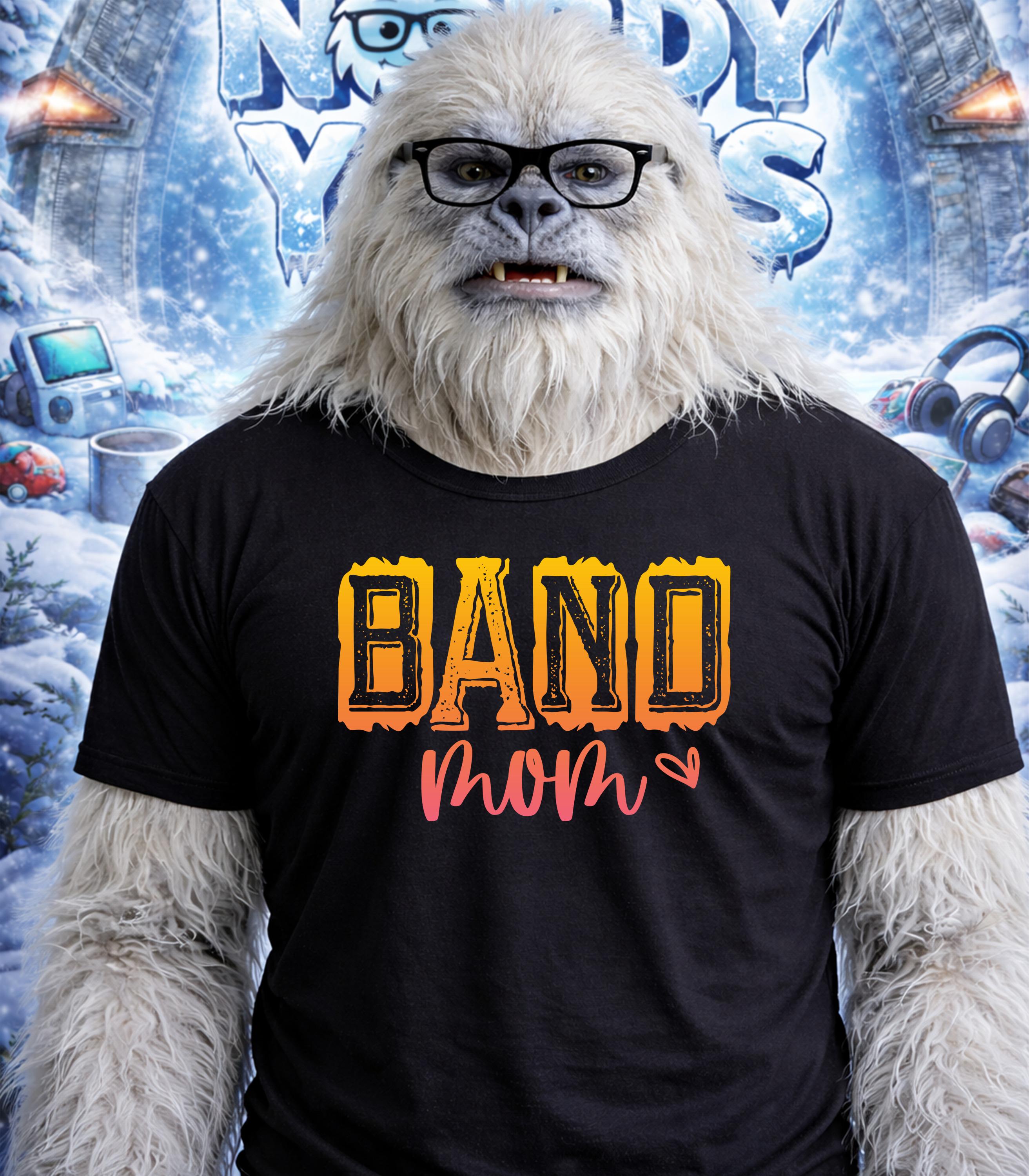 Yeti wearing glasses and a black t-shirt with "BAND MOM" text.