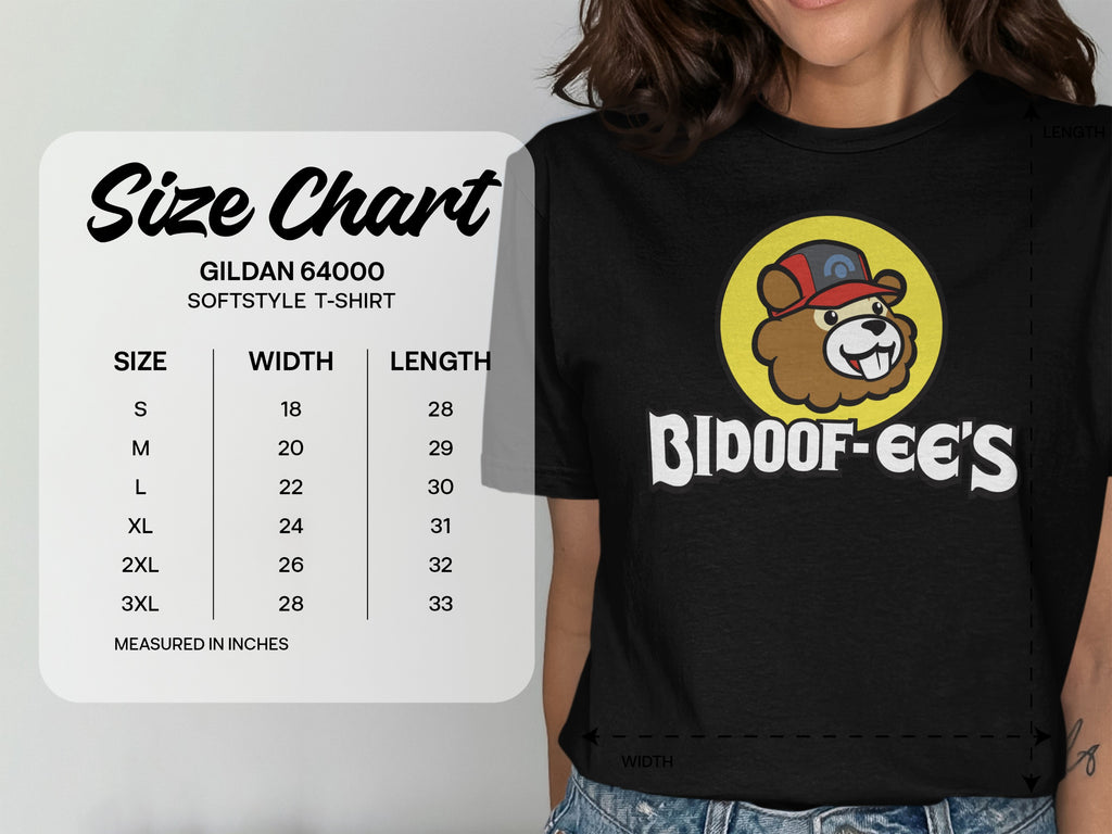 Gildan 64000 t-shirt size chart with Bidoof-ee's logo.