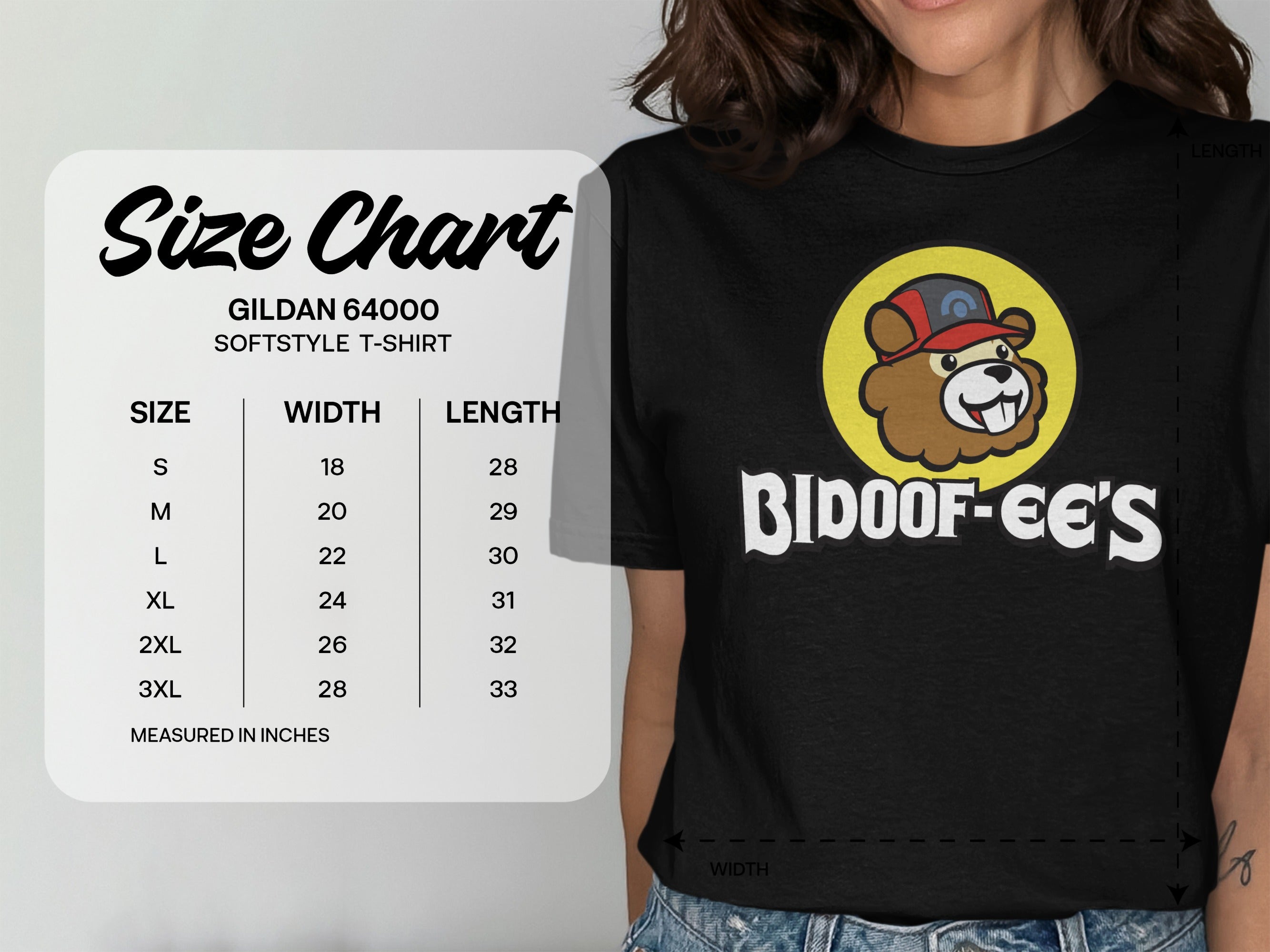 Gildan 64000 t-shirt size chart with Bidoof-ee's logo.