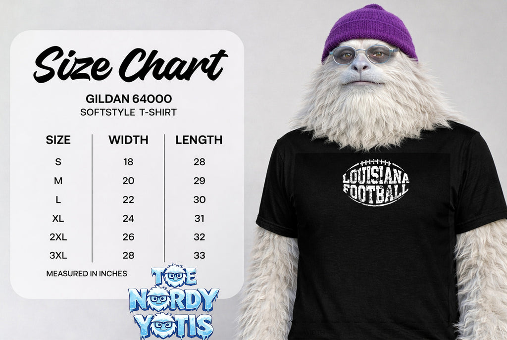 Gildan 64000 t-shirt size chart with Louisiana Football graphic.