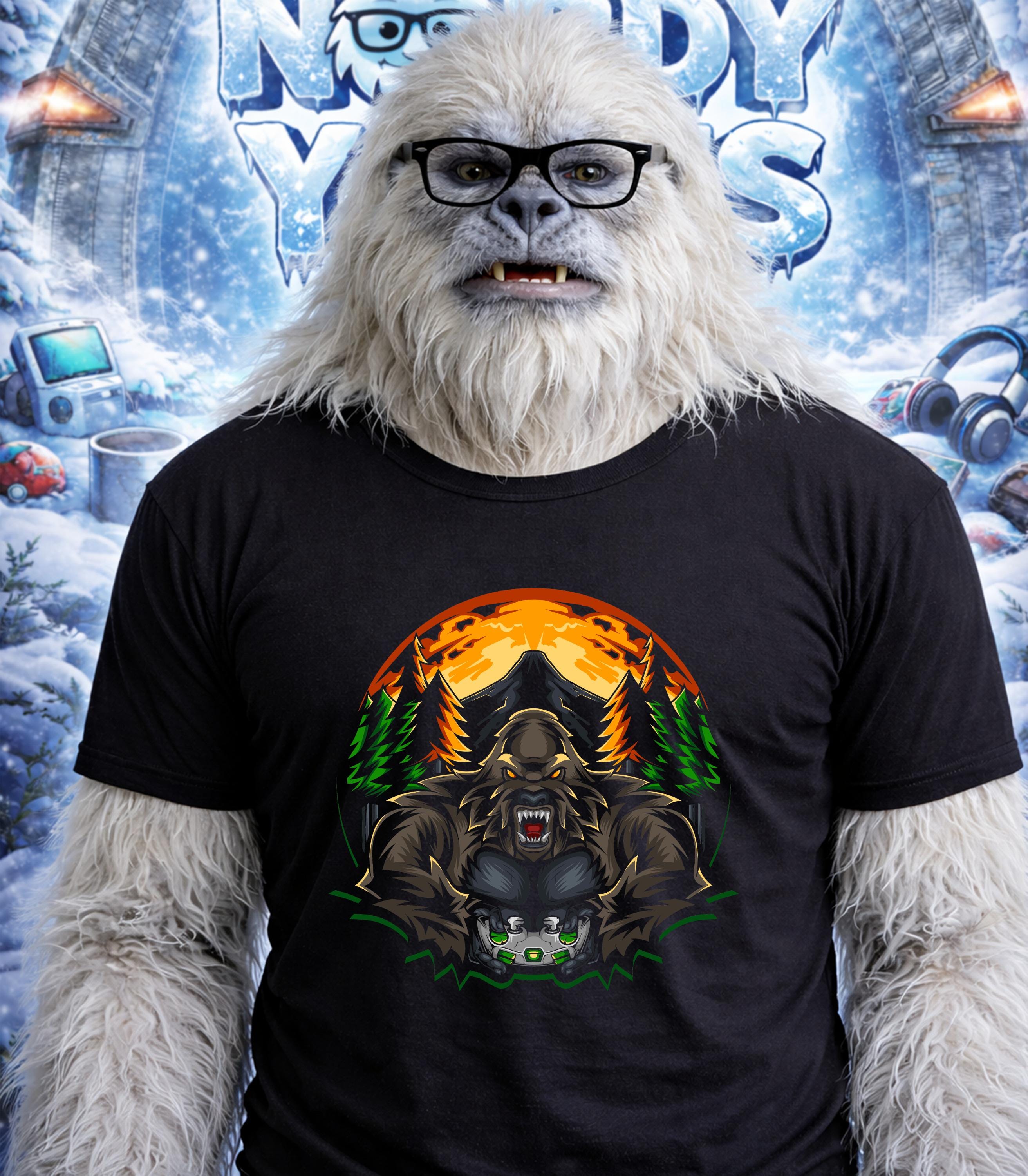 Yeti wearing glasses and a t-shirt with a roaring Bigfoot graphic.