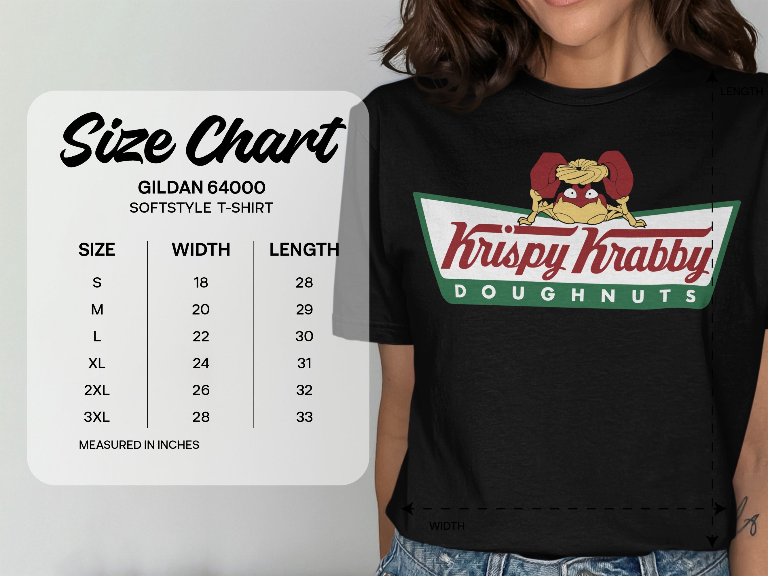 Size chart for Gildan 64000 t-shirt with Krispy Krabby Doughnuts logo.