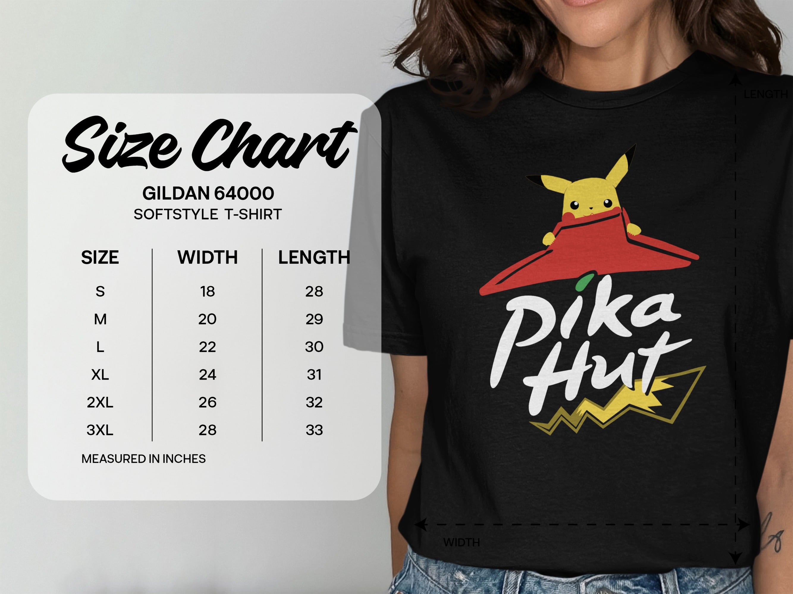 Gildan 64000 softstyle t-shirt size chart with measurements in inches.