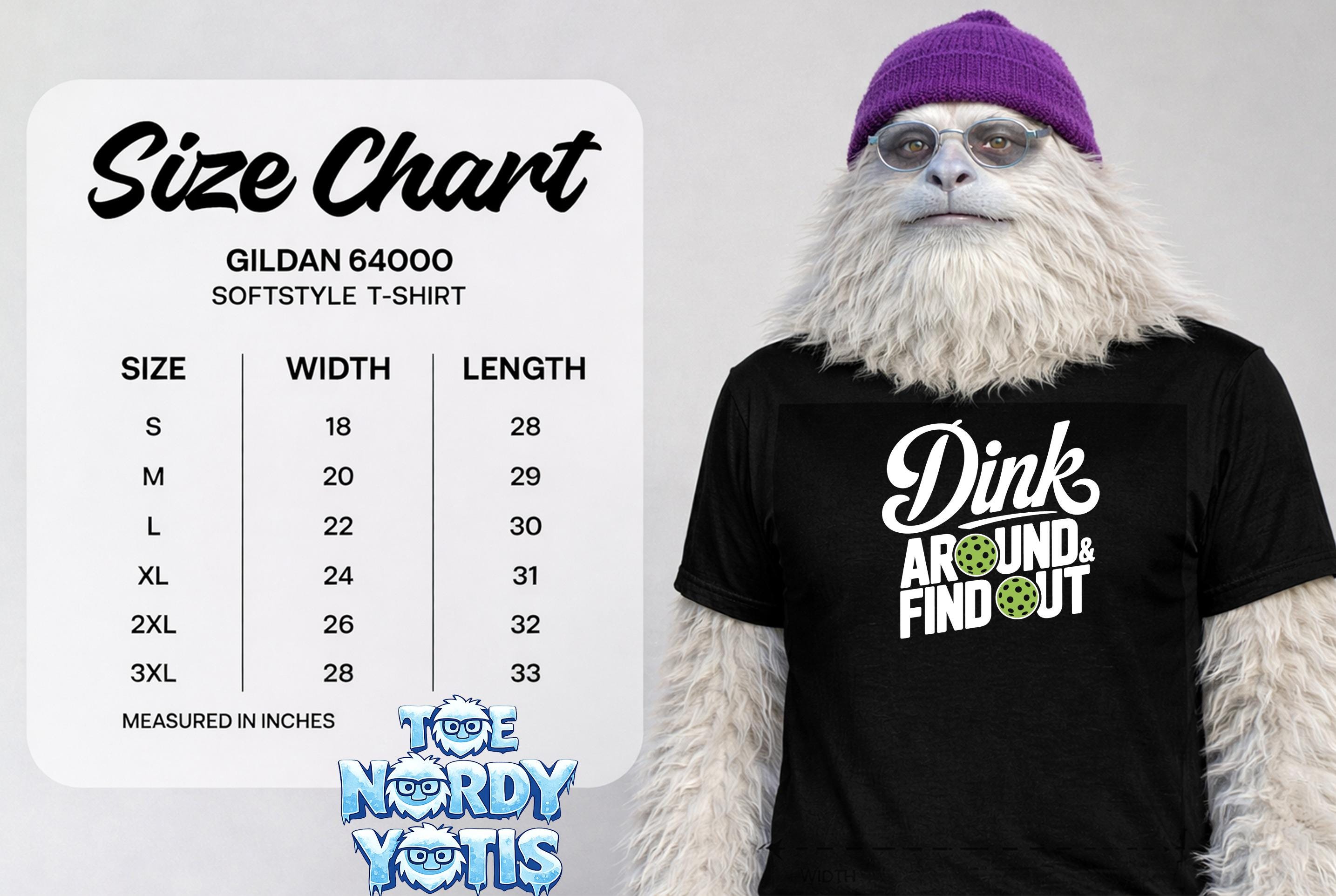Gildan 64000 size chart for Softstyle t-shirts with dimensions.
