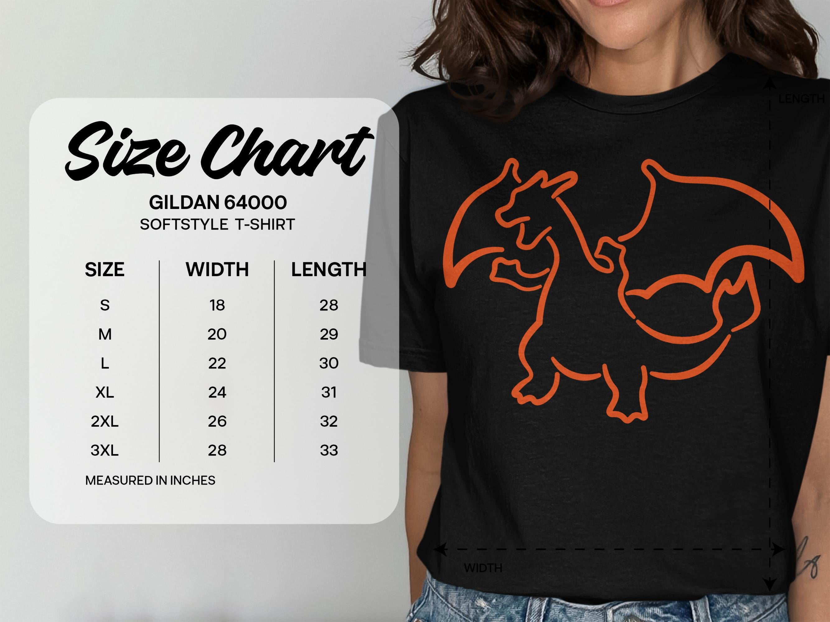 Gildan 64000 Softstyle T-shirt size chart showing measurements in inches.