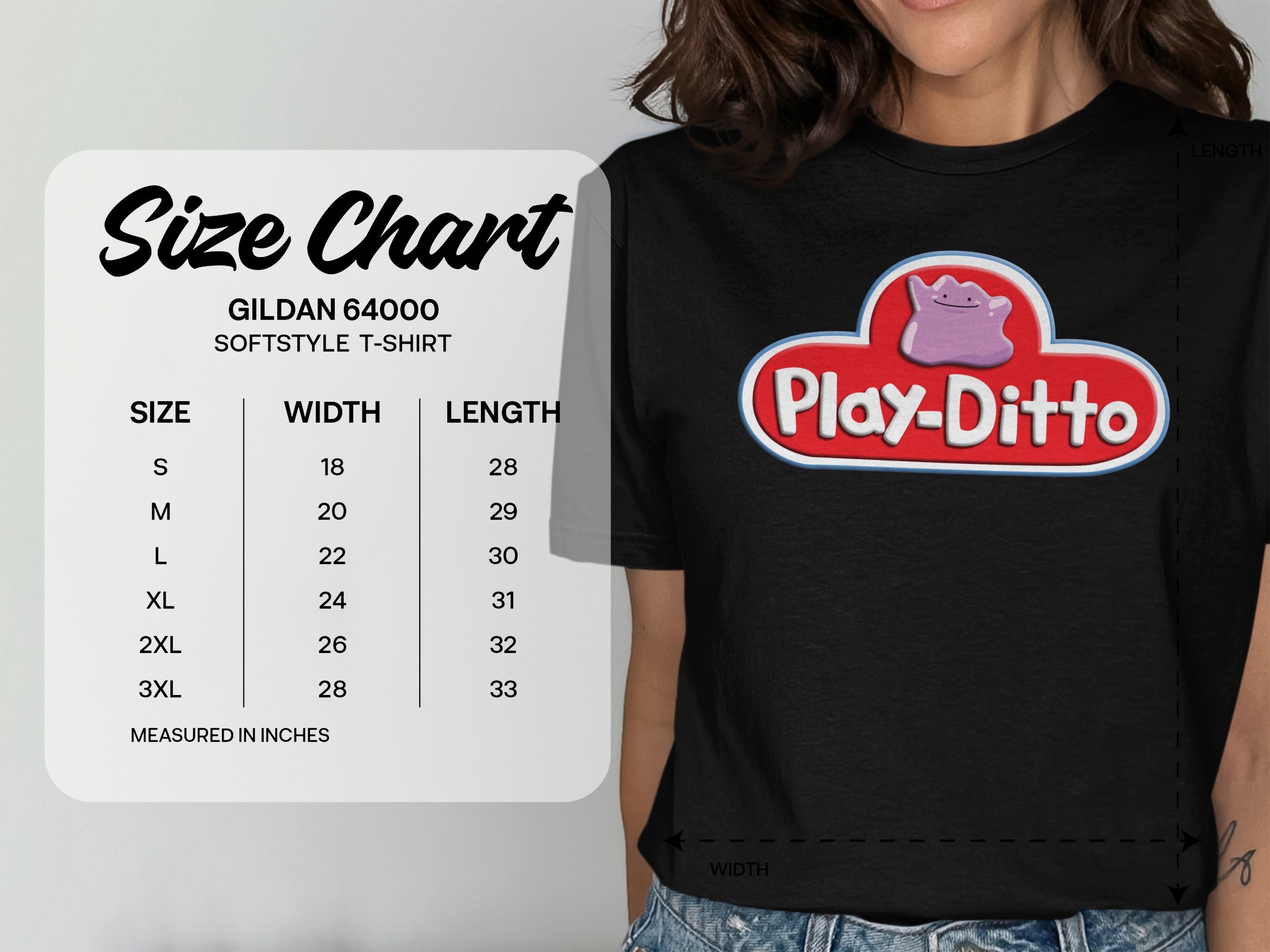 Gildan 64000 softstyle t-shirt size chart with Play-Ditto logo.