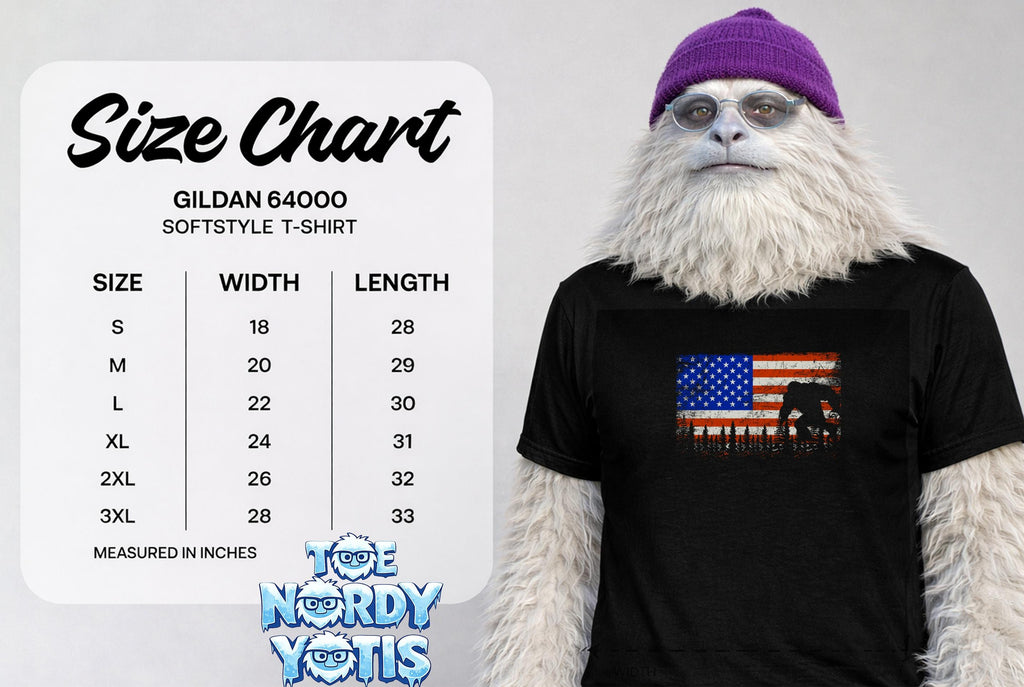 Gildan 64000 softstyle t-shirt size chart with measurements in inches.
