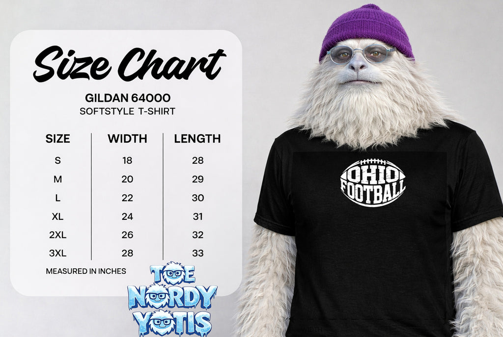 Gildan 64000 softstyle t-shirt size chart with Ohio Football graphic.