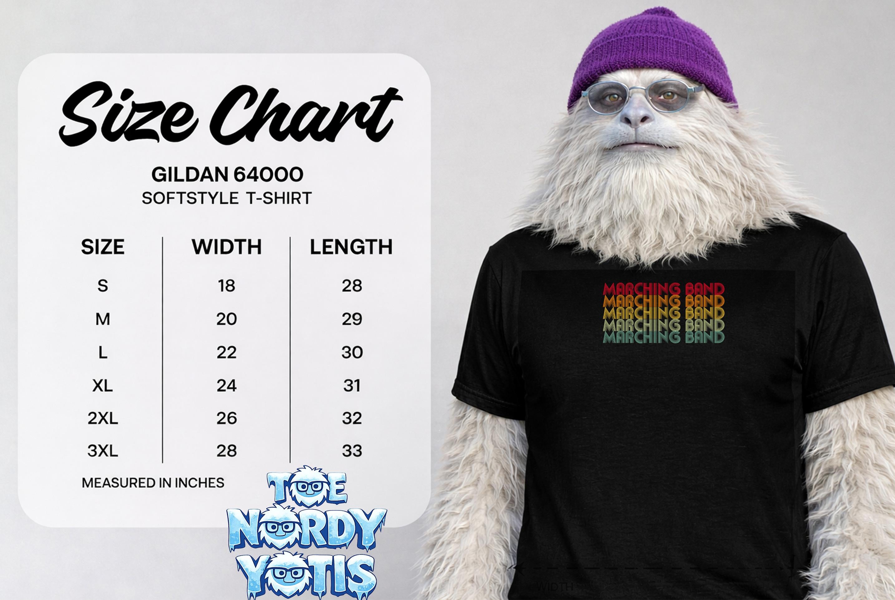 Gildan 64000 softstyle t-shirt size chart with marching band graphic.