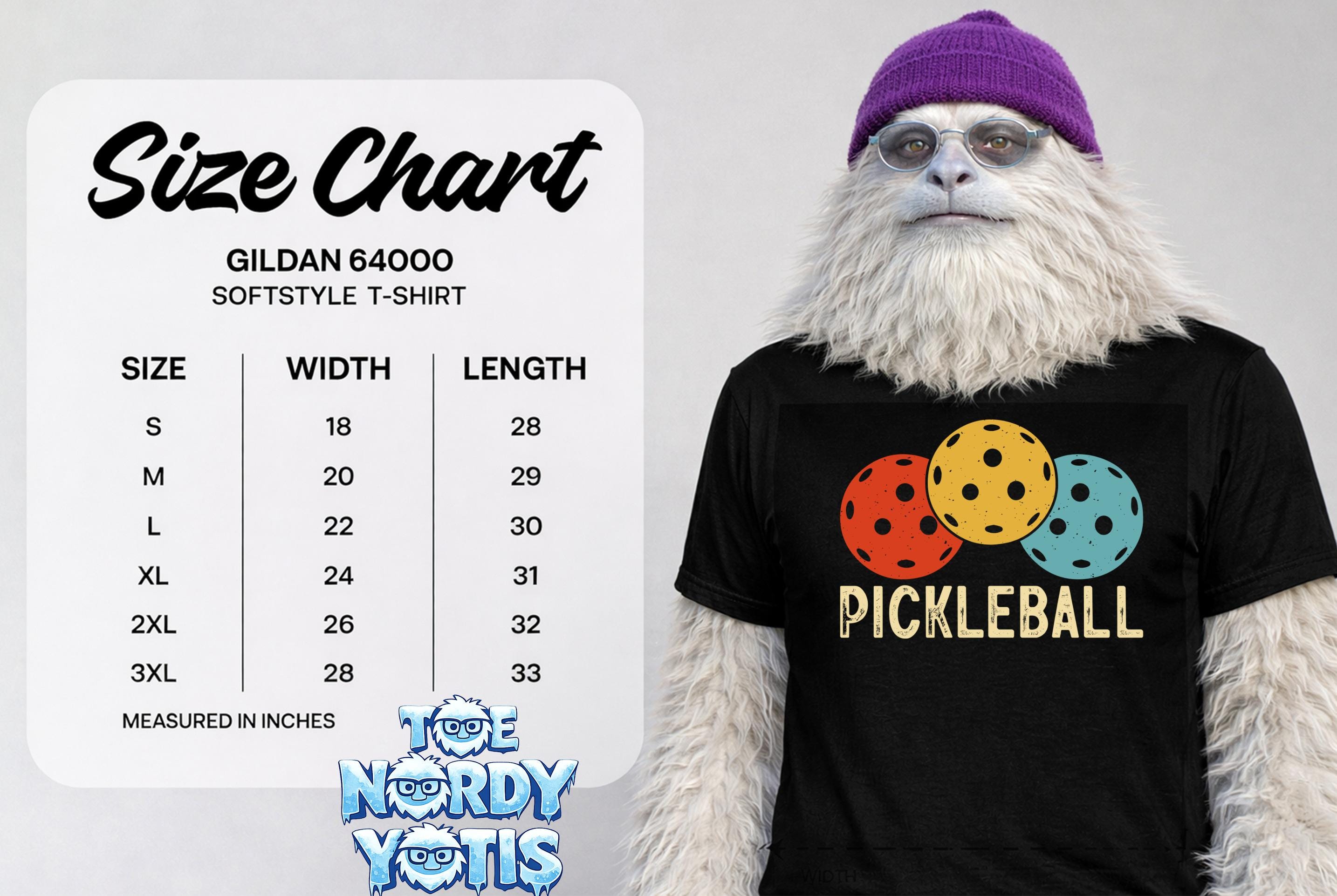 Gildan 64000 softstyle t-shirt size chart with "Pickleball" graphic.
