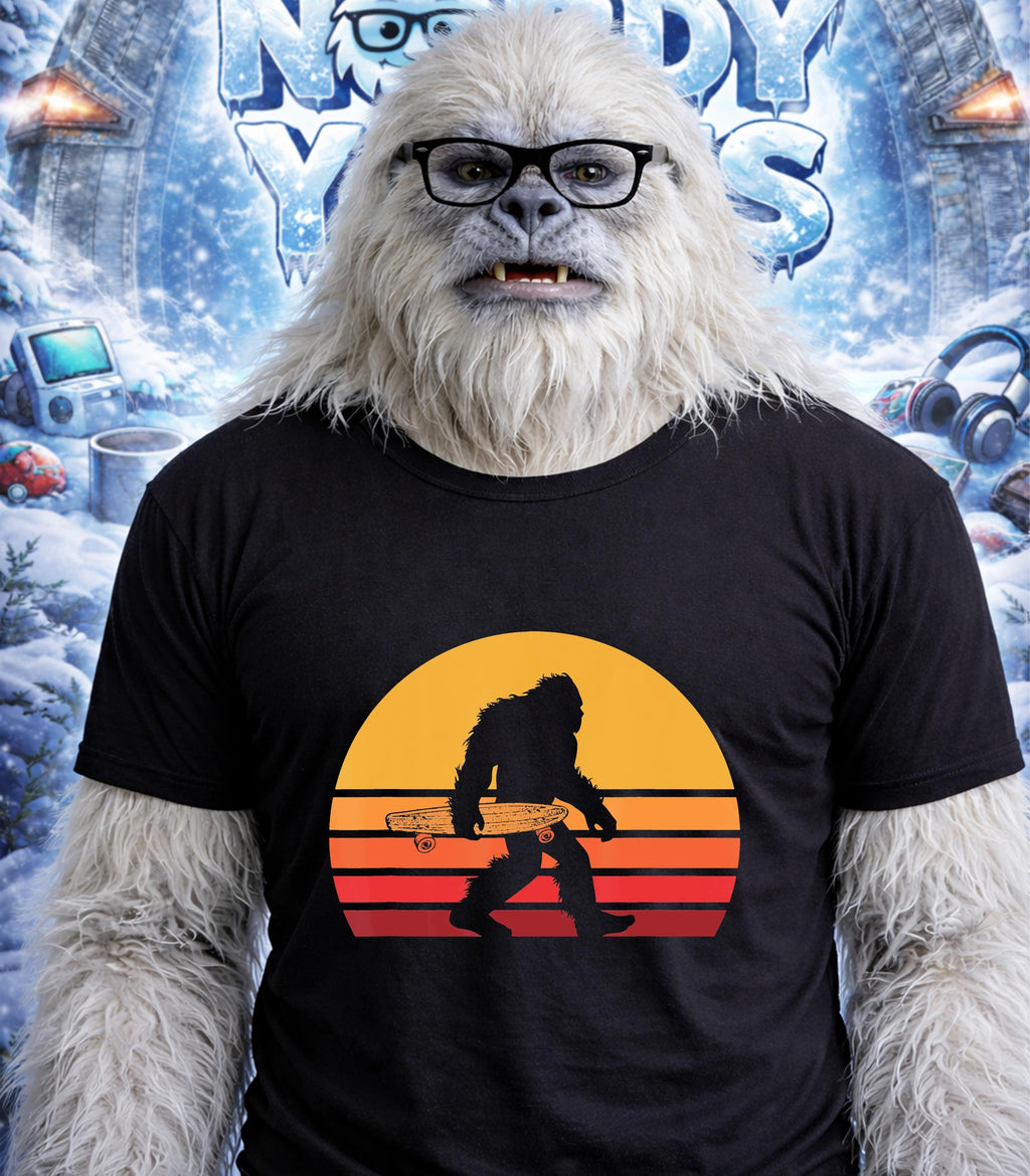 Yeti wearing glasses and a t-shirt with a skateboarding silhouette.