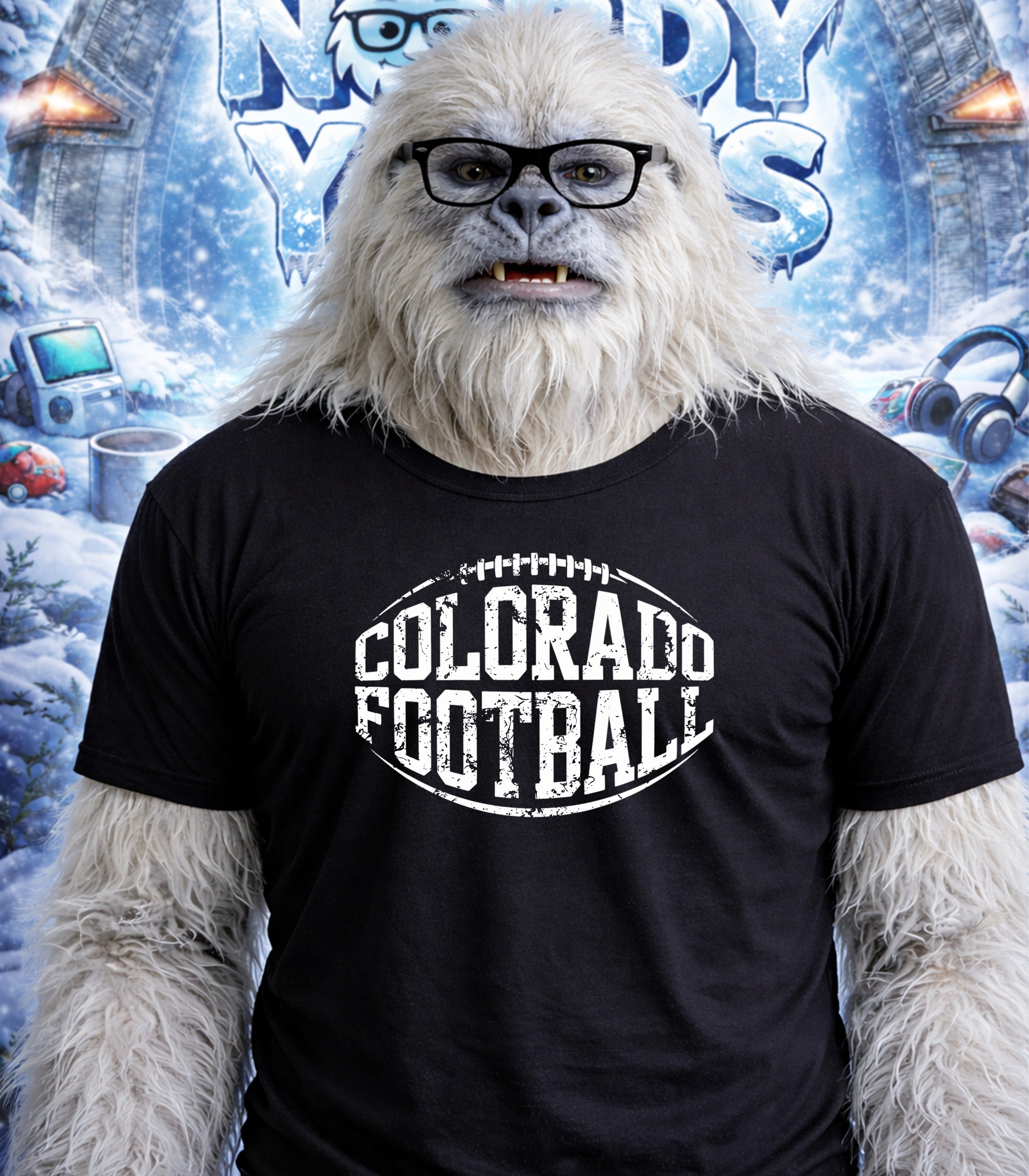 Yeti wearing glasses and a black t-shirt with "Colorado Football" text.