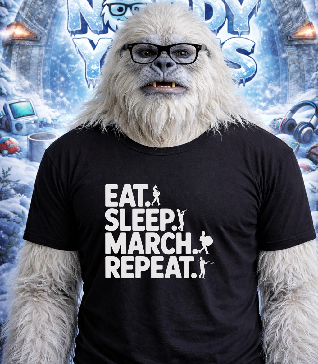 Yeti wearing a t-shirt that says "Eat. Sleep. March. Repeat."