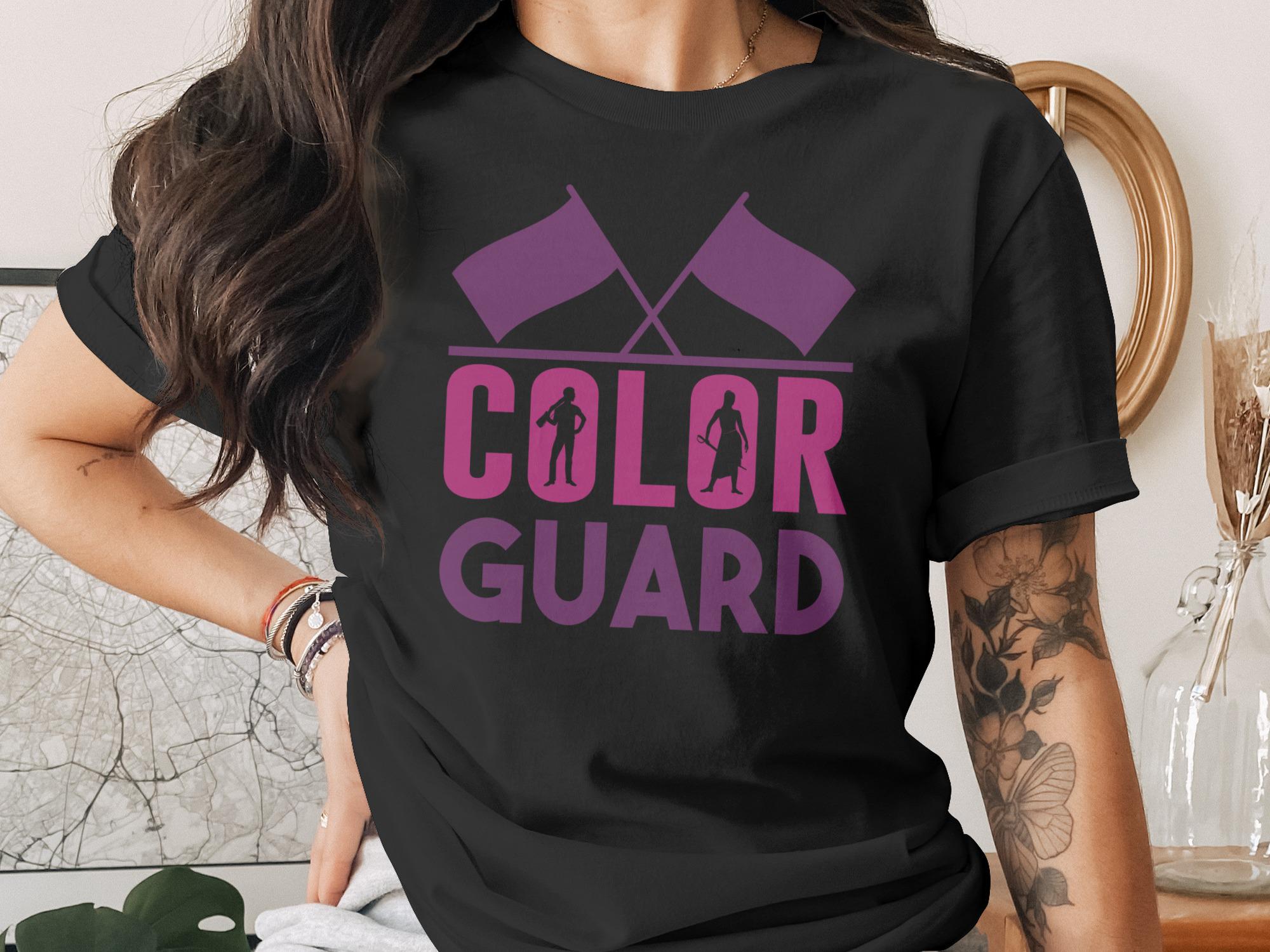 Black t-shirt with purple flags and "COLOR GUARD" text featuring silhouette figures.