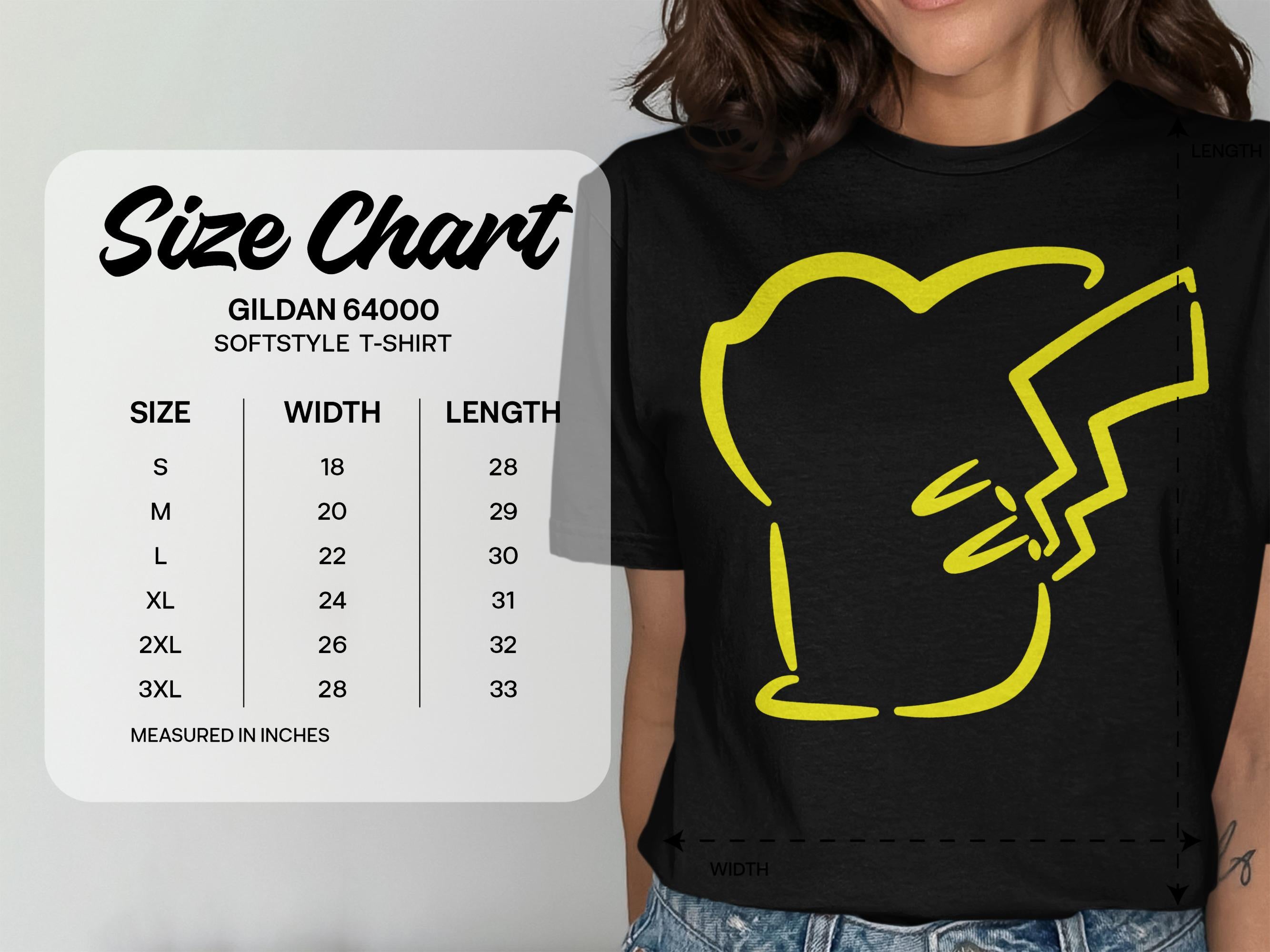 Gildan 64000 Softstyle T-shirt size chart with measurements in inches.