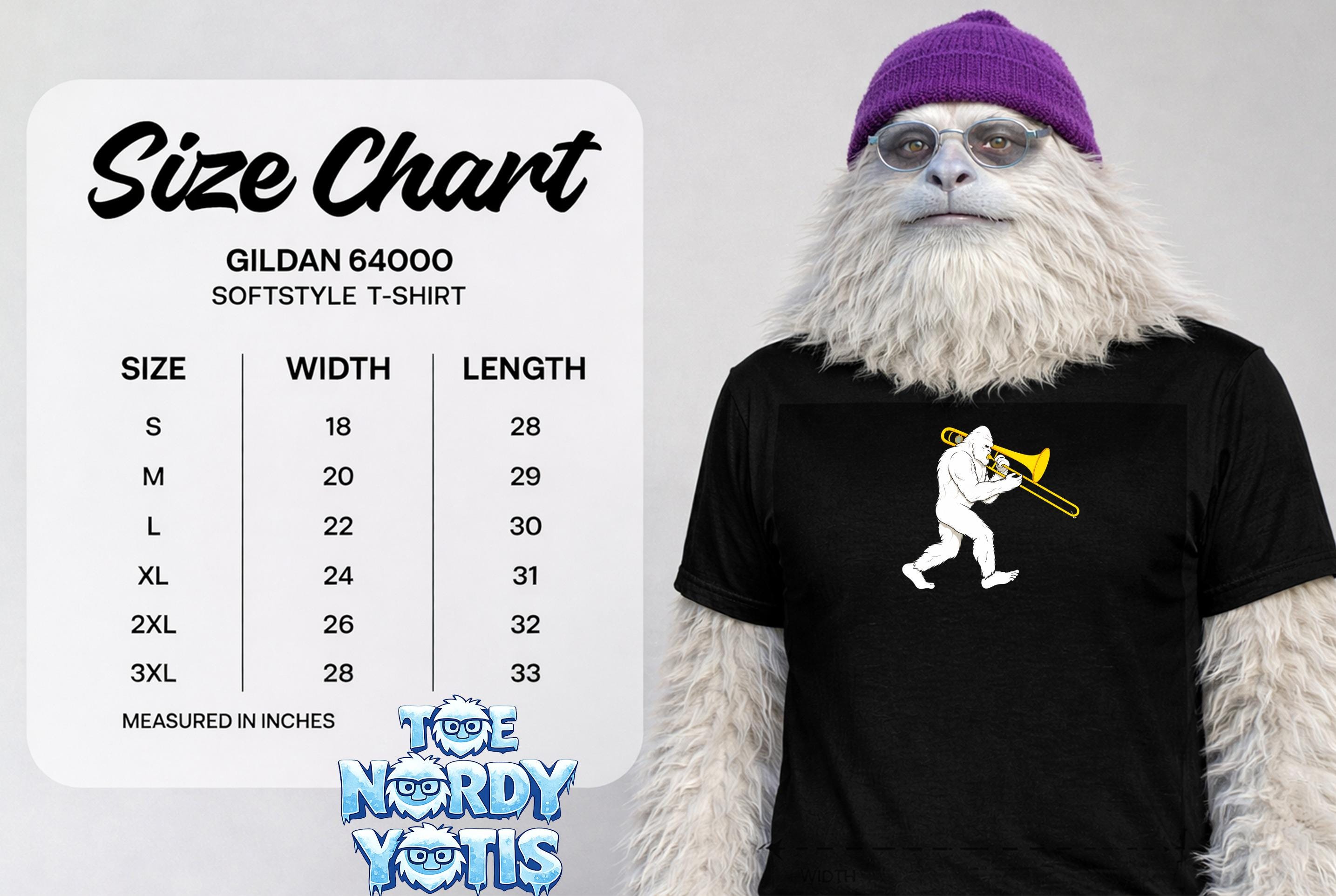 Gildan 64000 softstyle t-shirt size chart with Bigfoot illustration.