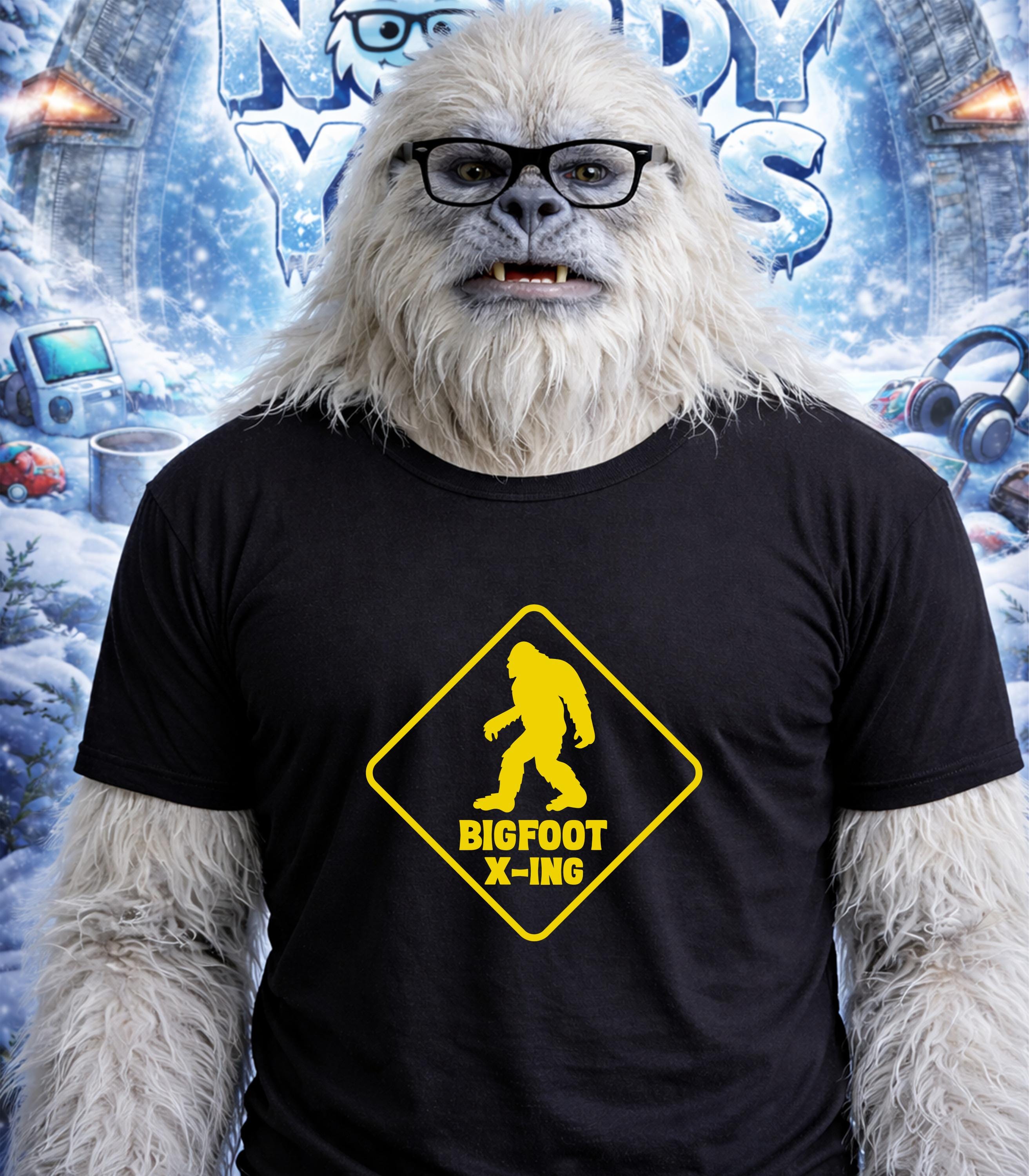 Yeti wearing glasses and a "Bigfoot X-ing" t-shirt against a frosty background.