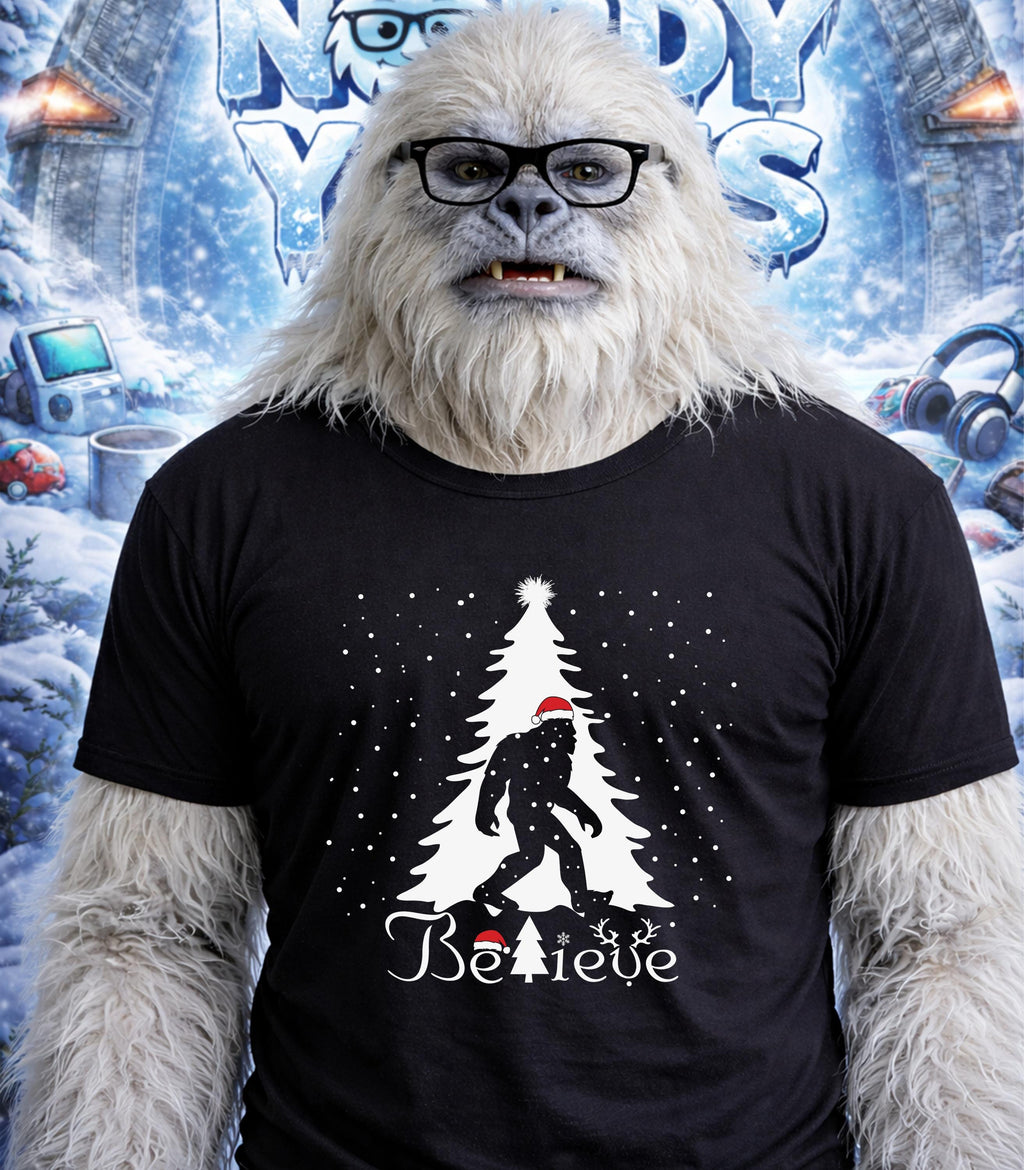 Yeti wearing glasses and a t-shirt with a Bigfoot and "Believe" design.
