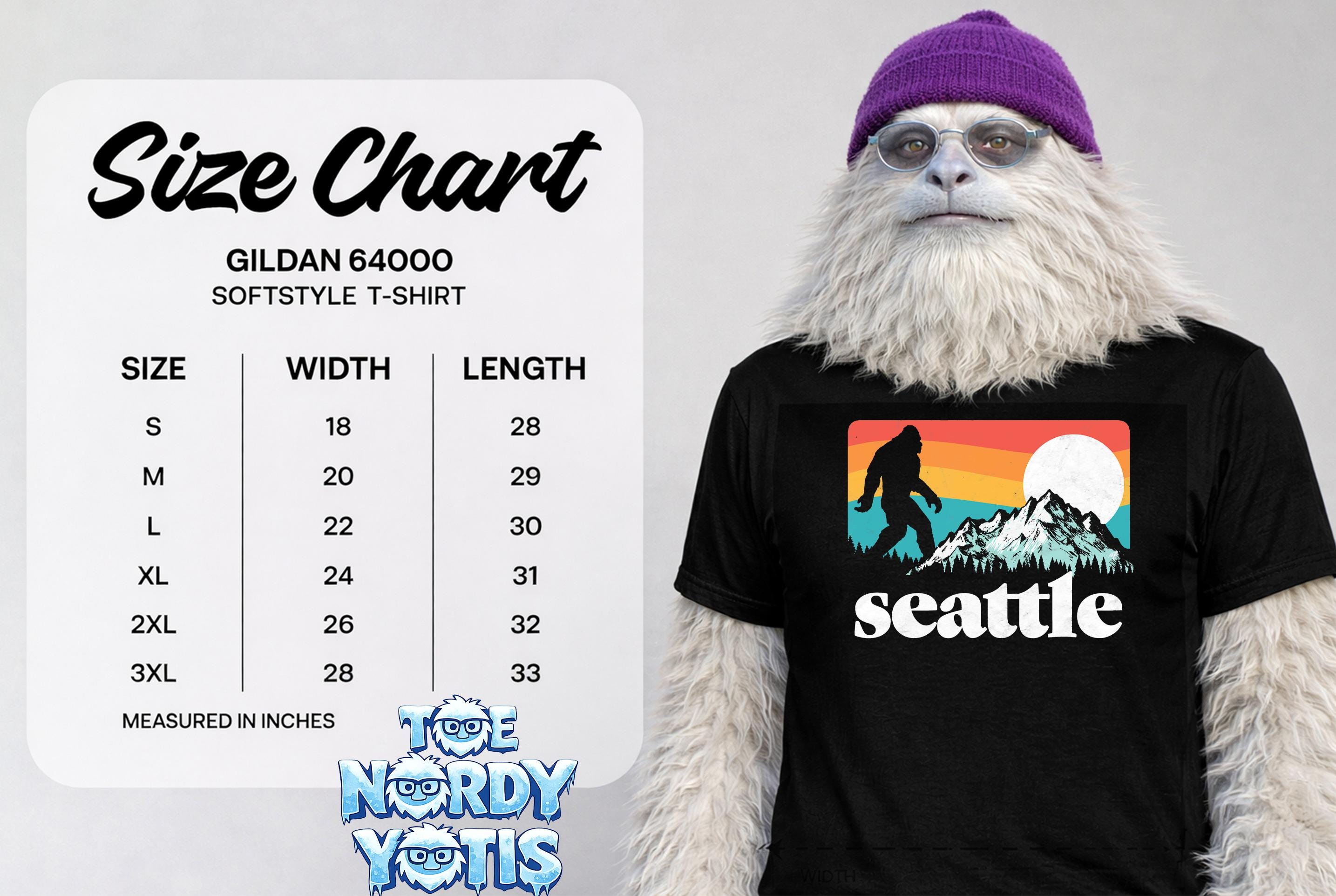 Gildan 64000 Softstyle T-shirt size chart with Seattle graphic.