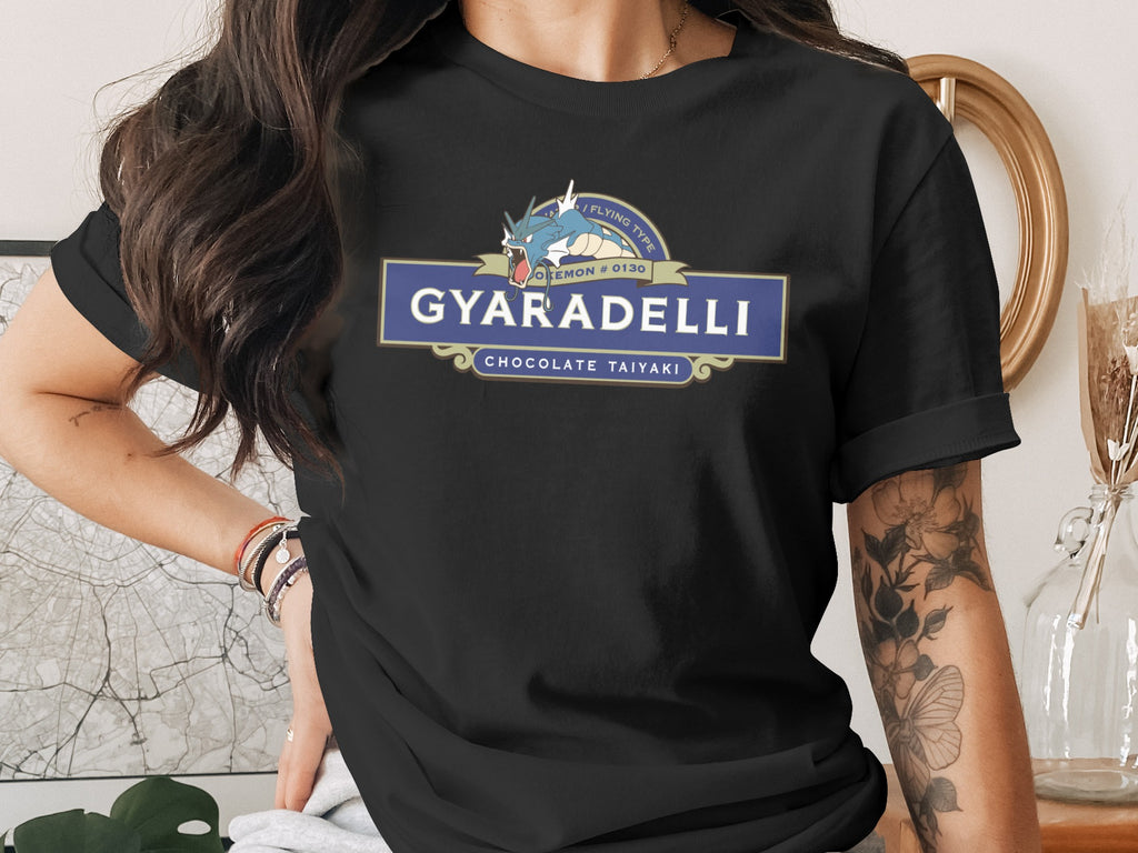 Black t-shirt with Gyarados Flying Type Chocolate Taiyaki logo.