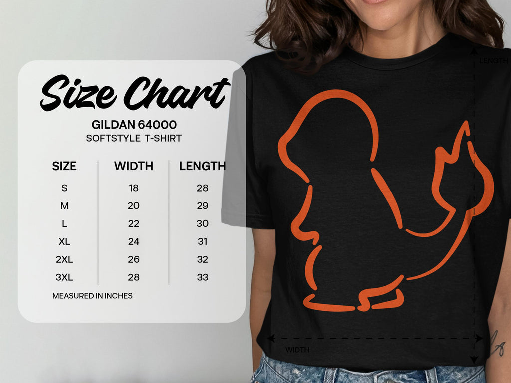 Gildan 64000 softstyle t-shirt size chart showing measurements in inches.