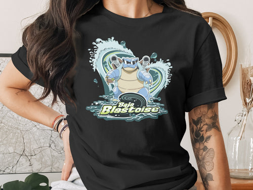 Black t-shirt with a "Baja Blastoise" graphic featuring the Pokémon Blastoise.