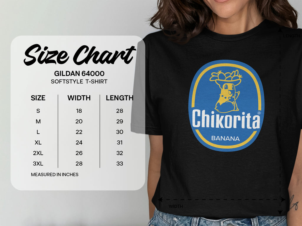Gildan 64000 t-shirt size chart with Chikorita logo.