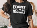 Black t-shirt with white text "FRONT ENSEMBLE" and drum graphics.