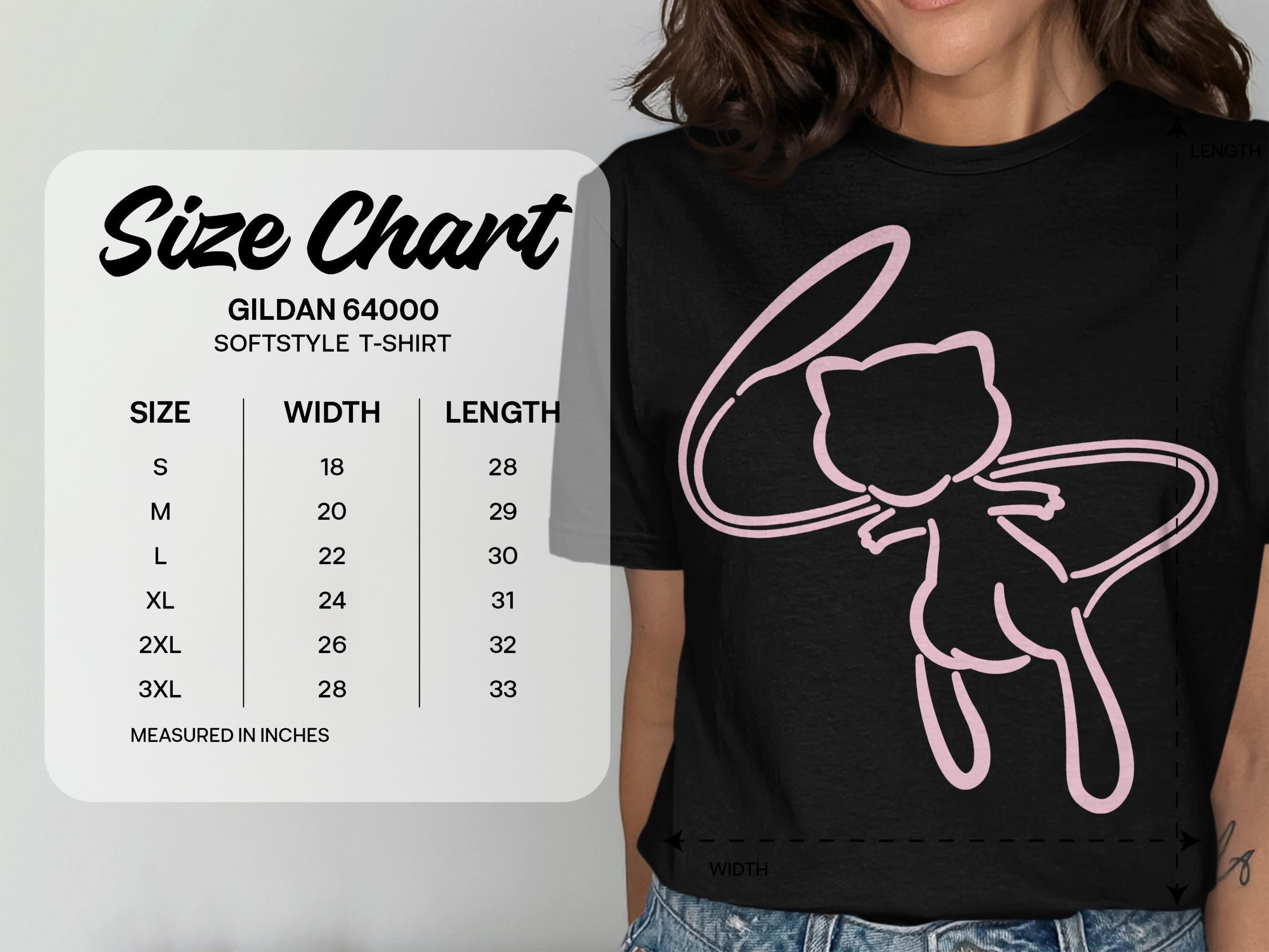 Gildan 64000 Softstyle T-Shirt size chart with measurements in inches.