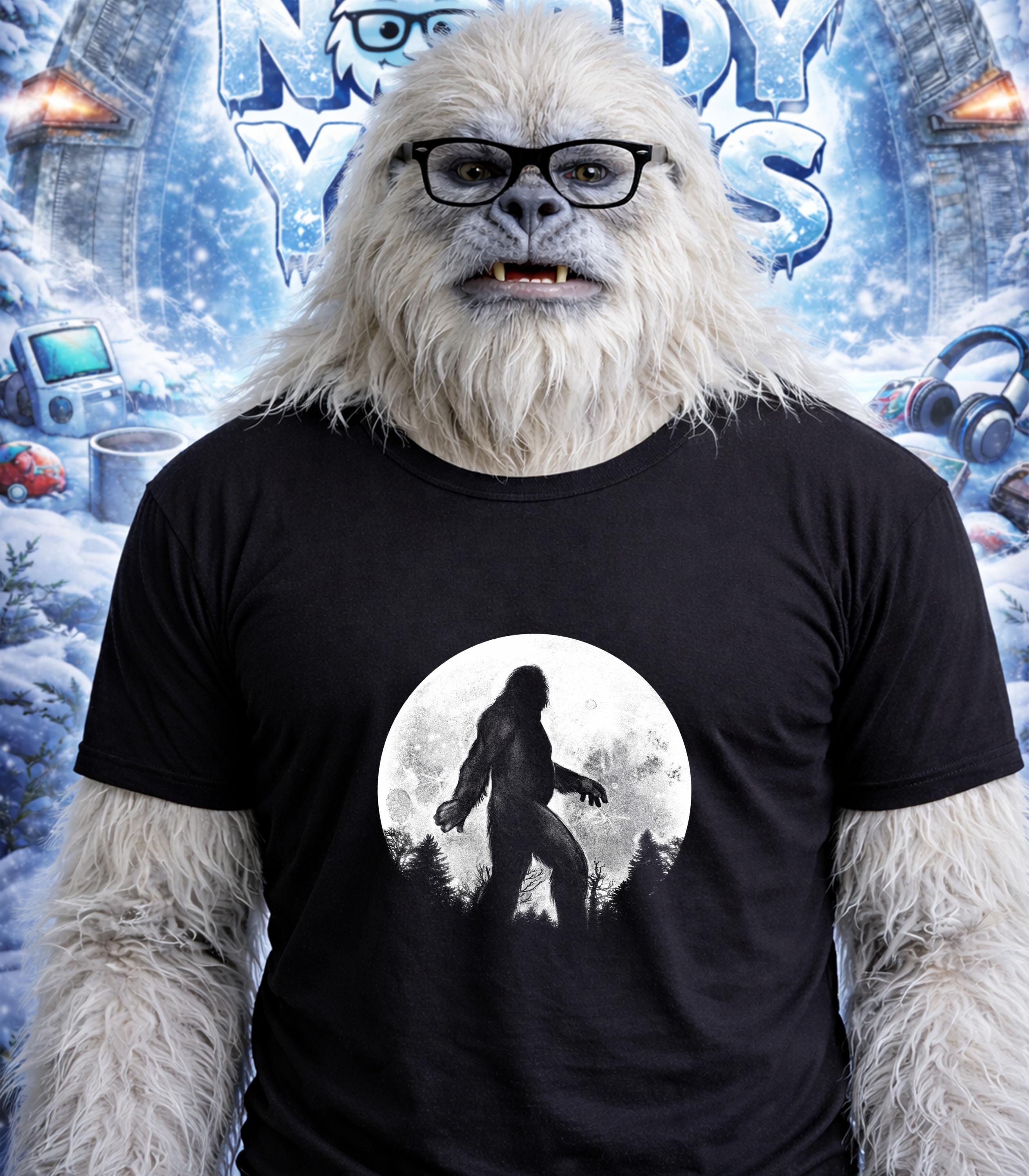 Yeti wearing glasses and a t-shirt with a Bigfoot silhouette against a full moon.