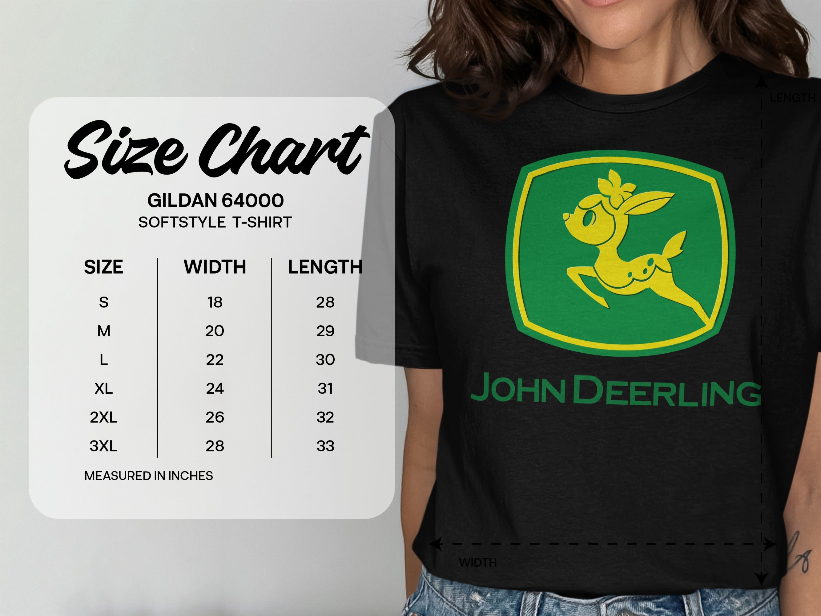 Gildan 64000 Softstyle T-shirt size chart with John Deerling logo.