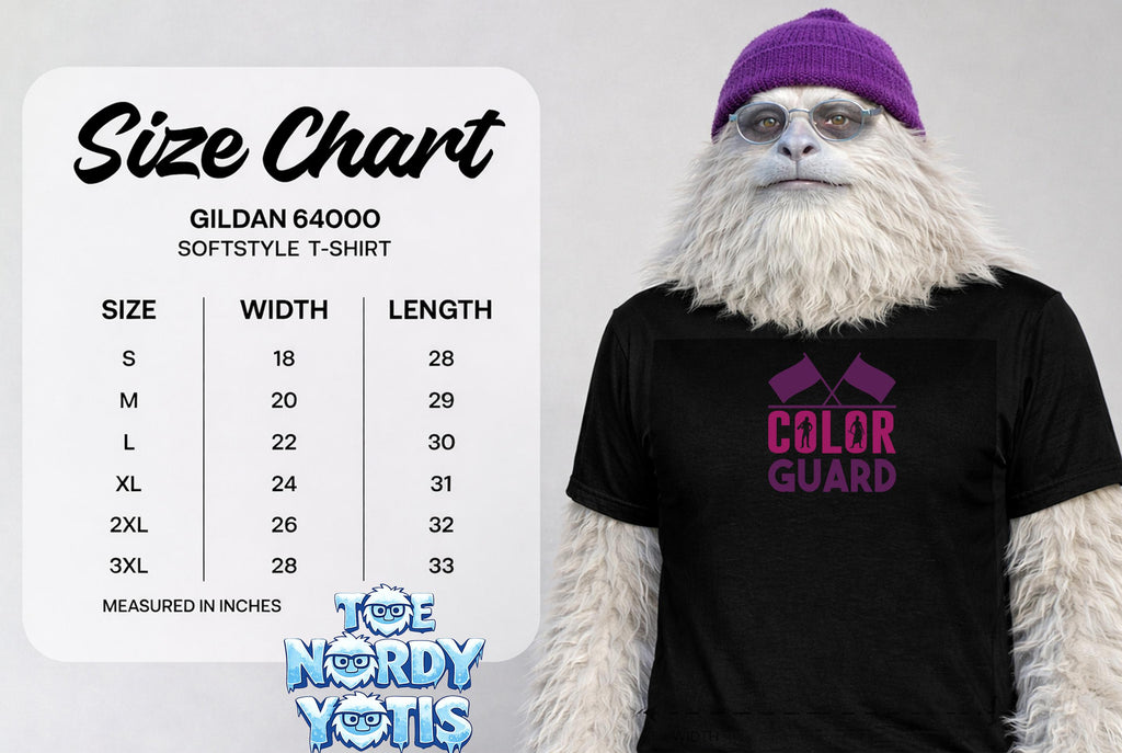 Gildan 64000 t-shirt size chart with "Color Guard" graphic.