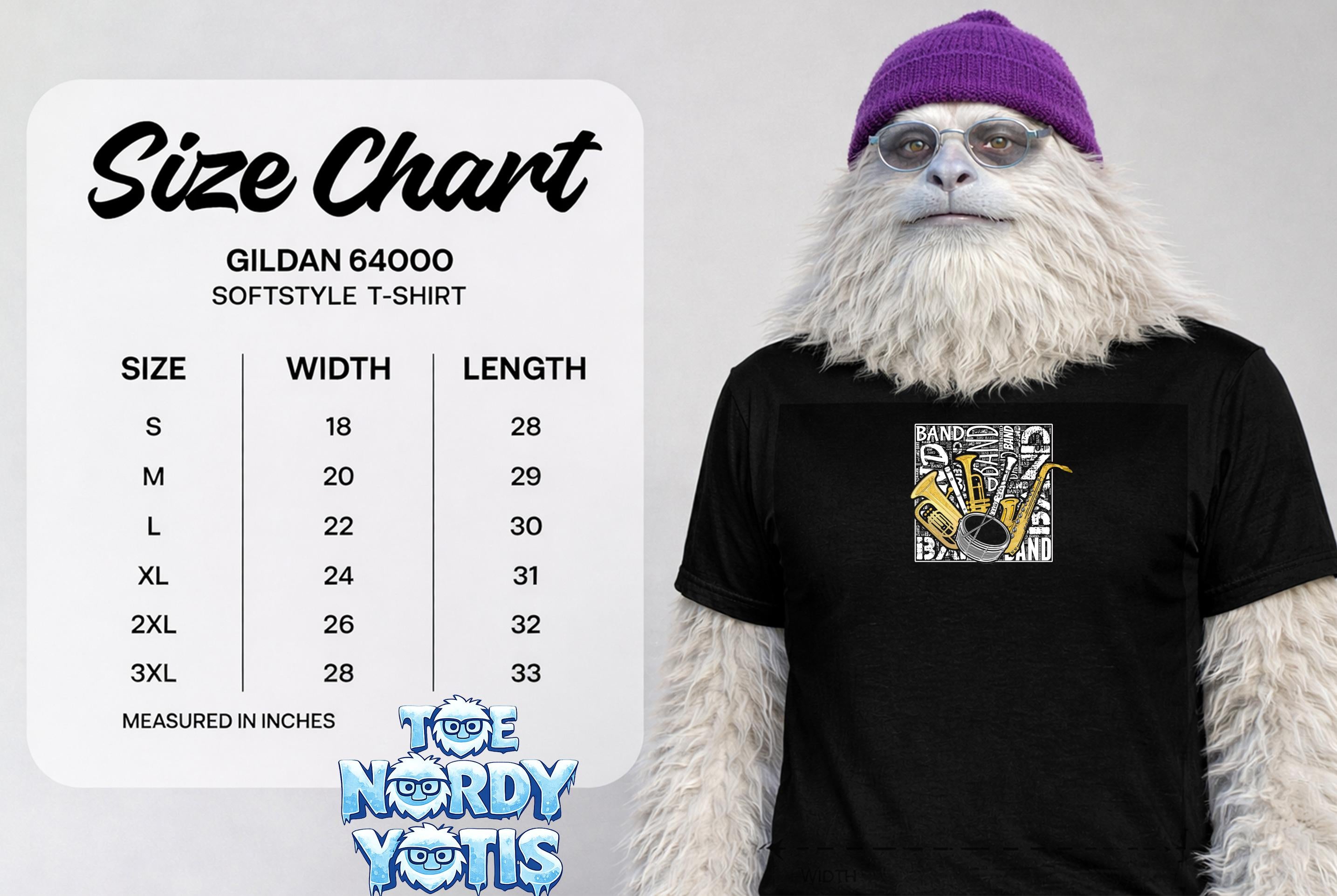 Gildan 64000 T-shirt size chart with measurements in inches.