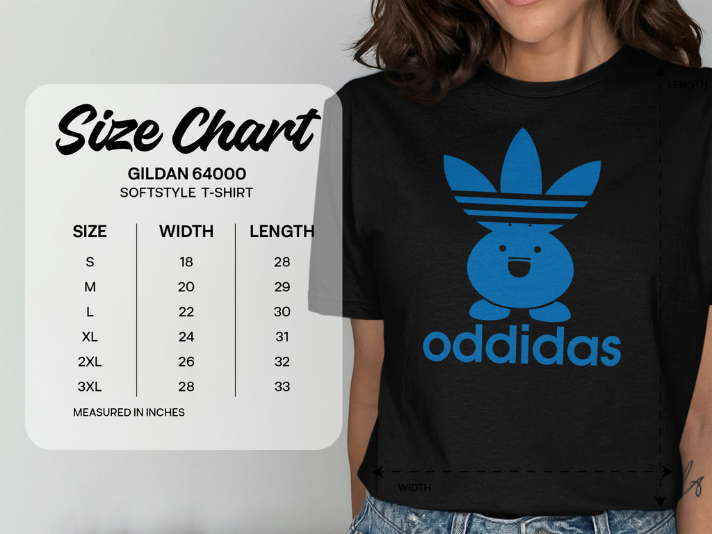 Size chart for Gildan 64000 softstyle t-shirts with measurements in inches.
