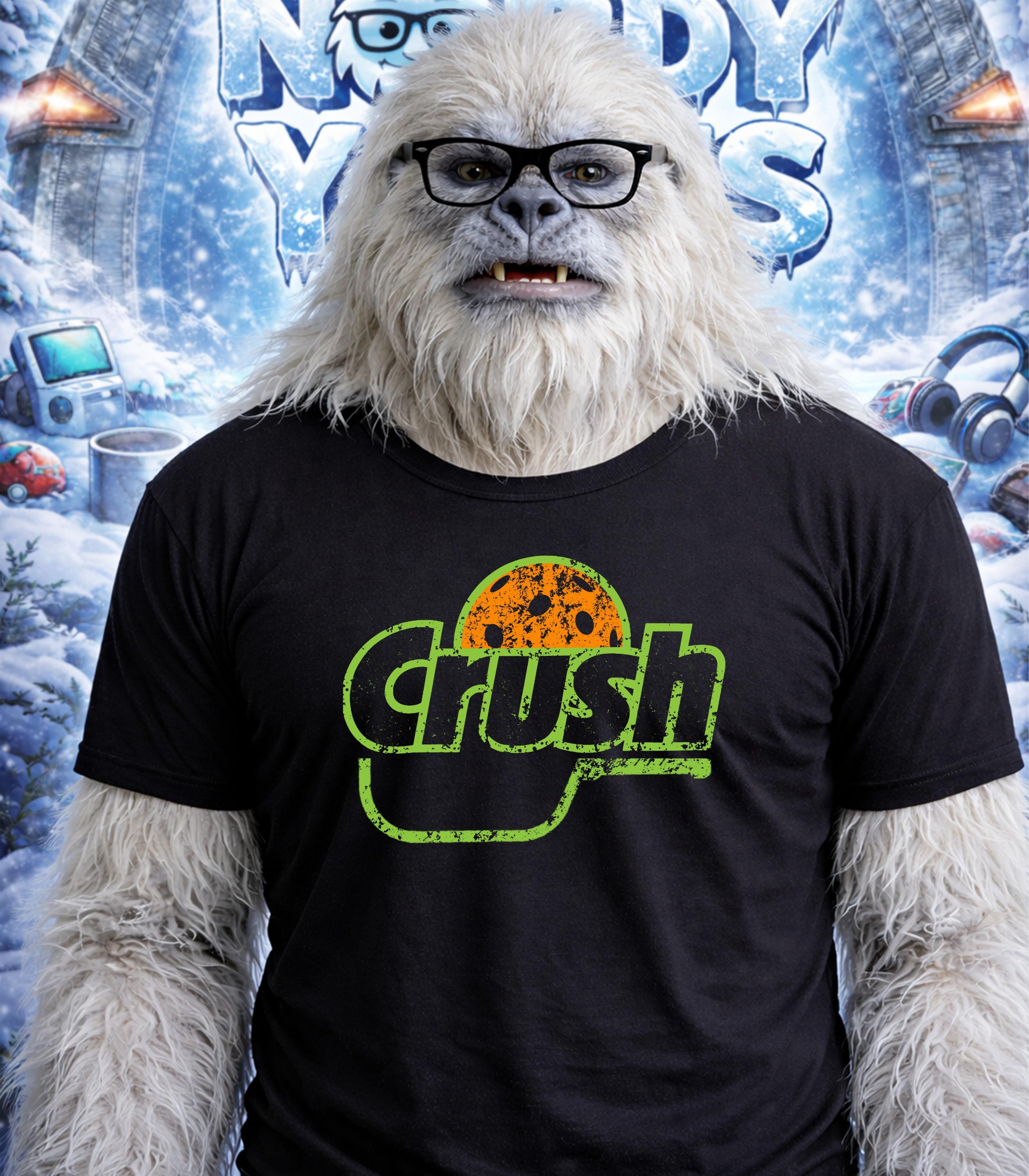 Yeti wearing glasses and a green "Crush" soda logo t-shirt.