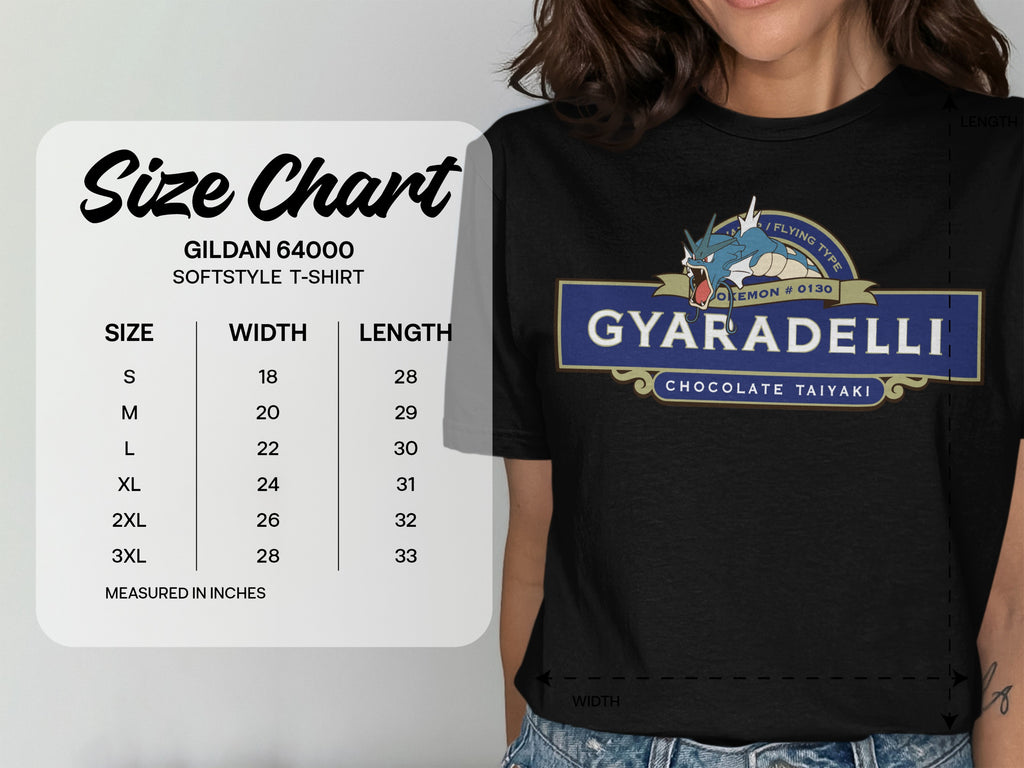 Gildan 64000 size chart for t-shirts with dimensions.