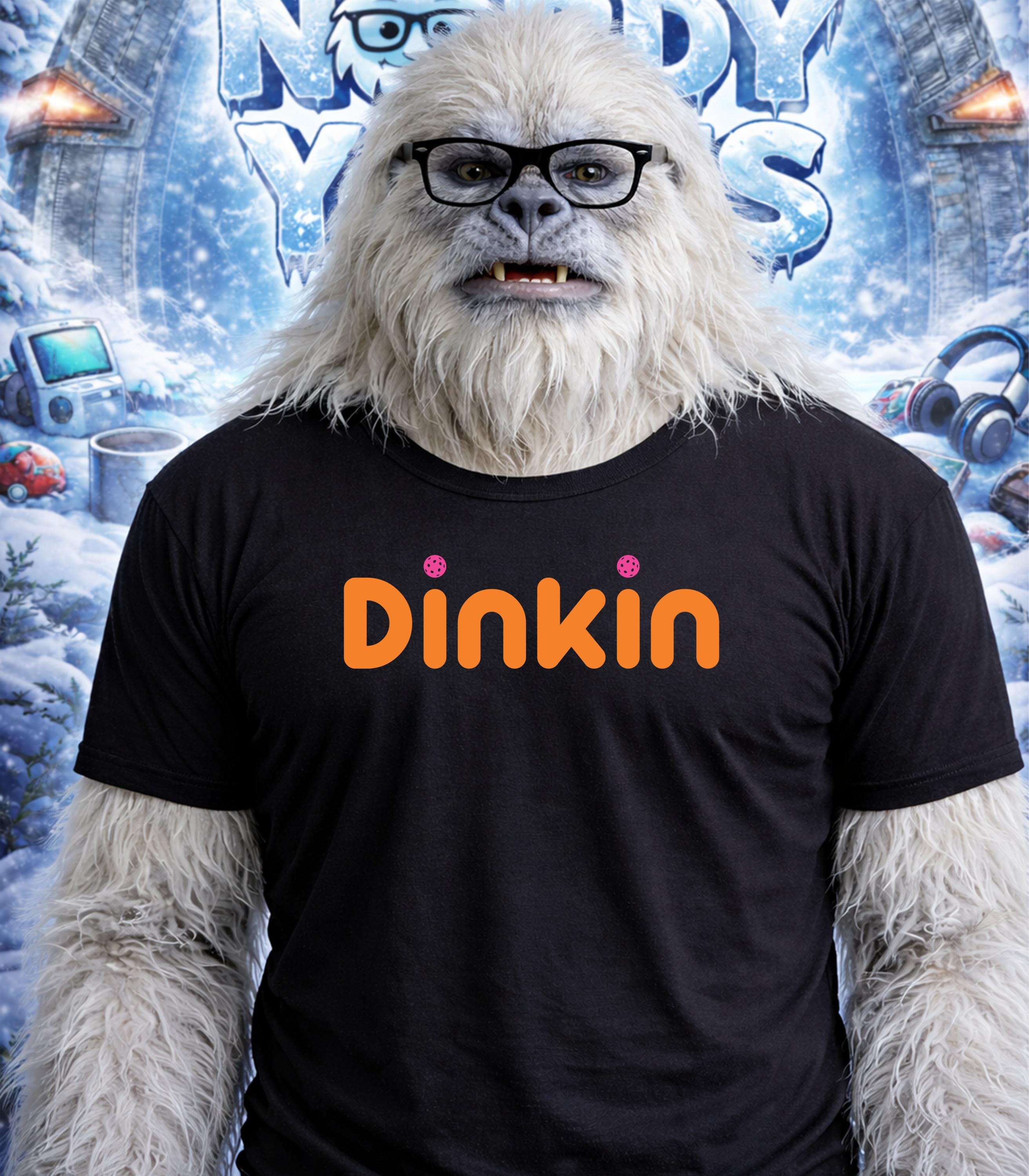 Yeti wearing glasses and a black t-shirt with "Dinkin" logo.