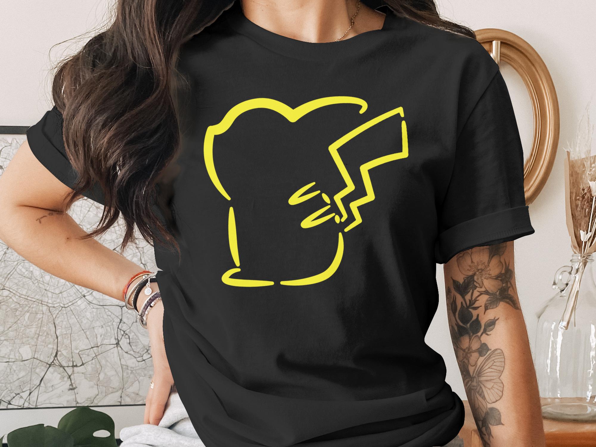Black t-shirt with yellow outline of a Pikachu head.