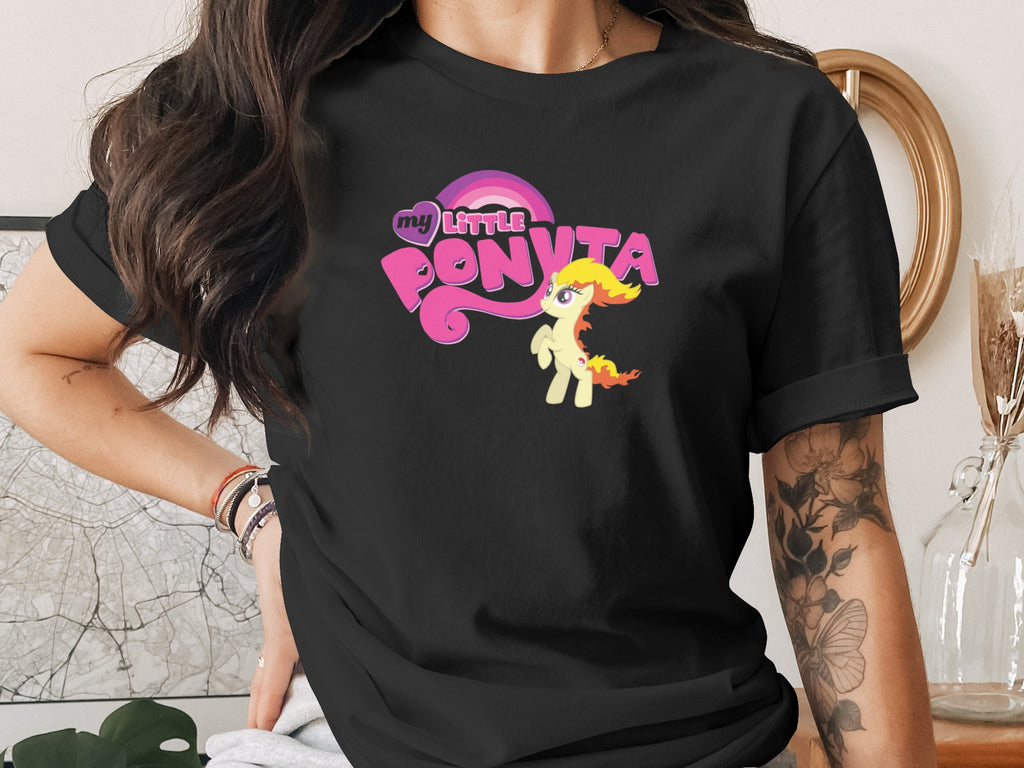Black t-shirt with My Little Pony logo and rainbow.