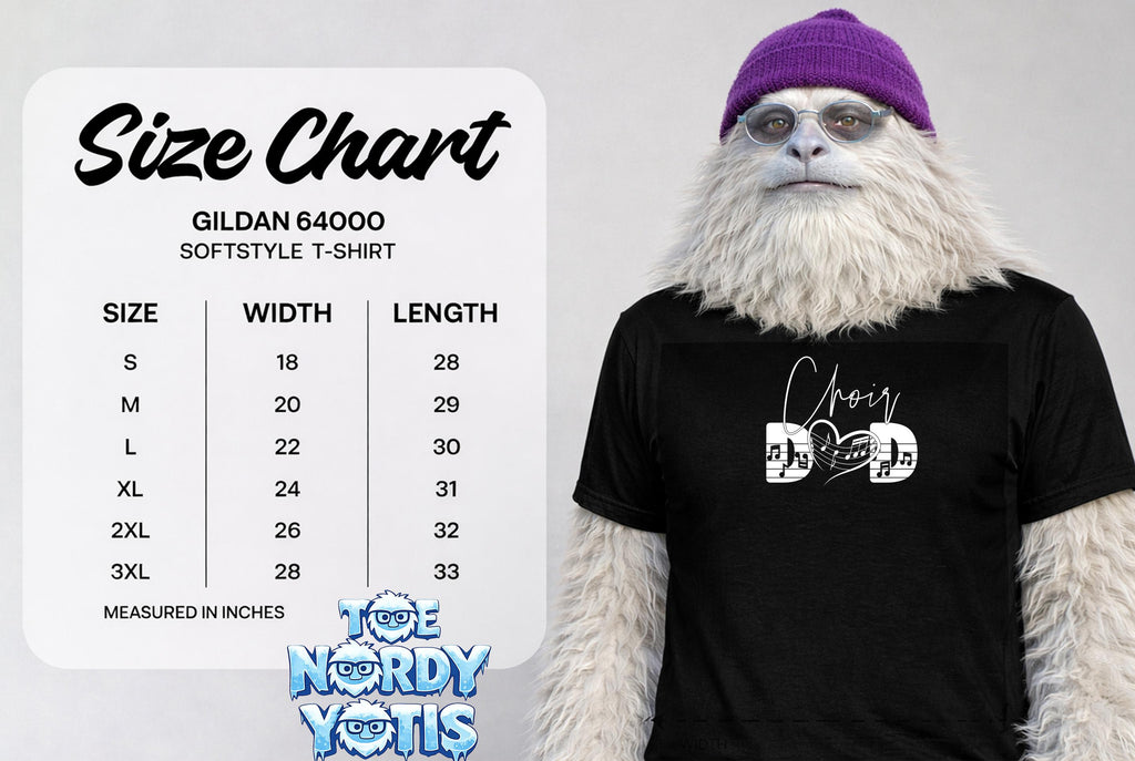 Gildan 64000 softstyle t-shirt size chart with measurements in inches.
